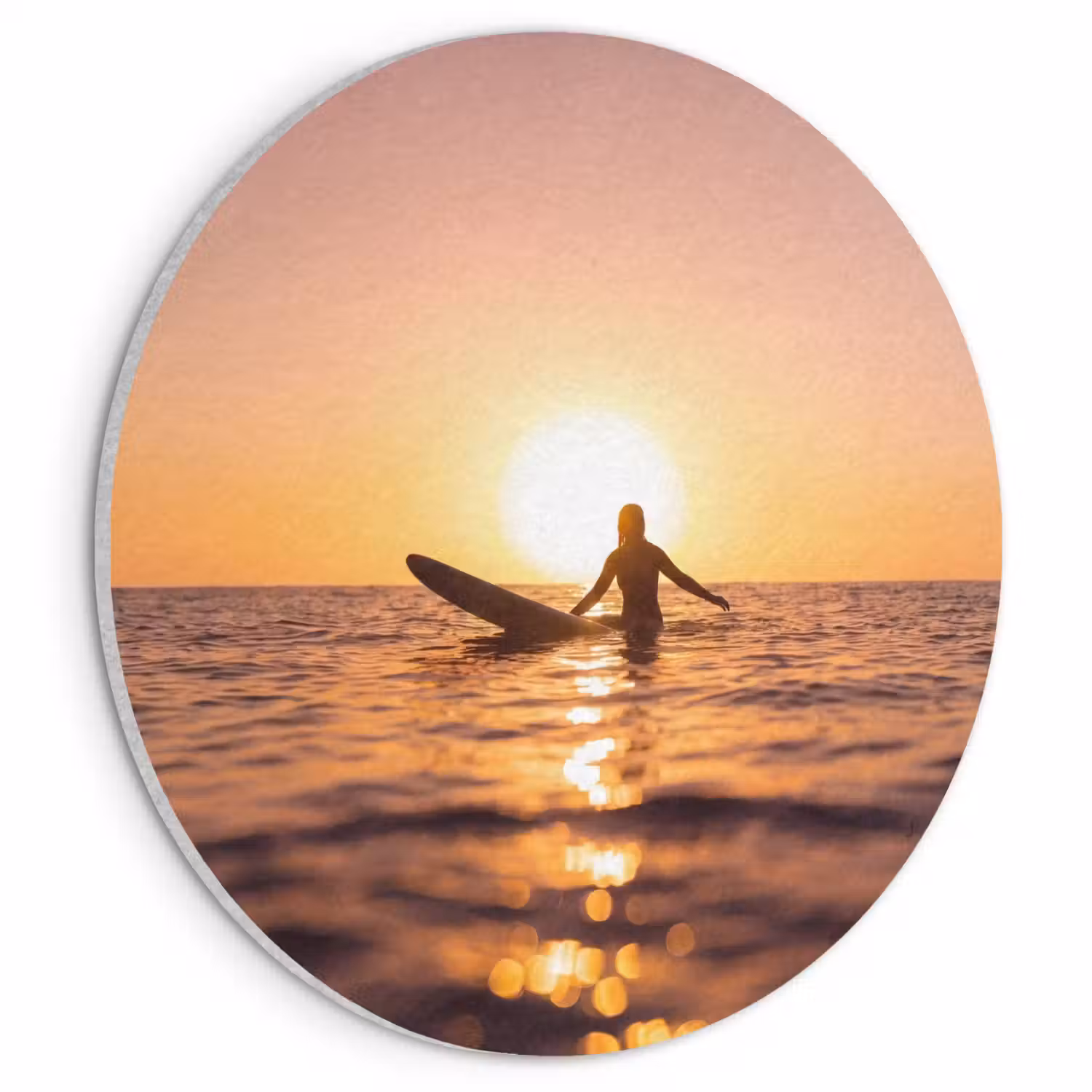 Persoon - Surfen - Zonsondergang - Zee - Oranje Akoestische PET Vilt - Rond klein -3d