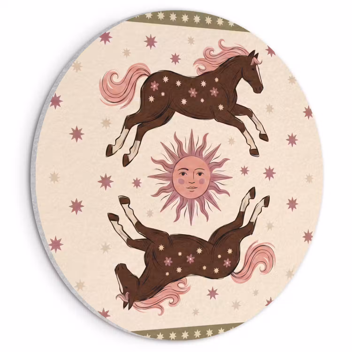 Paard - Zon - Mystiek - Illustratie - Roze Akoestische PET Vilt - Rond klein -3d