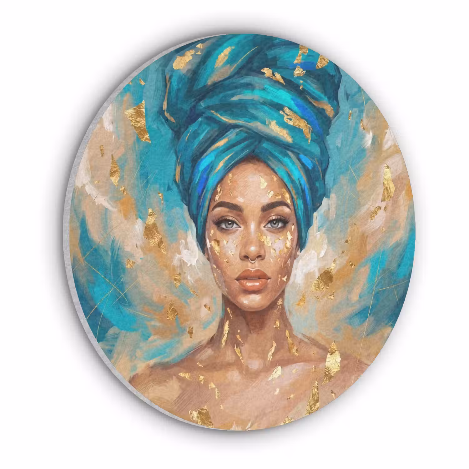 Portret - Vrouw - Schilderij - Blauw - Goud - Expressief Akoestische PET Vilt - Rond klein -3d