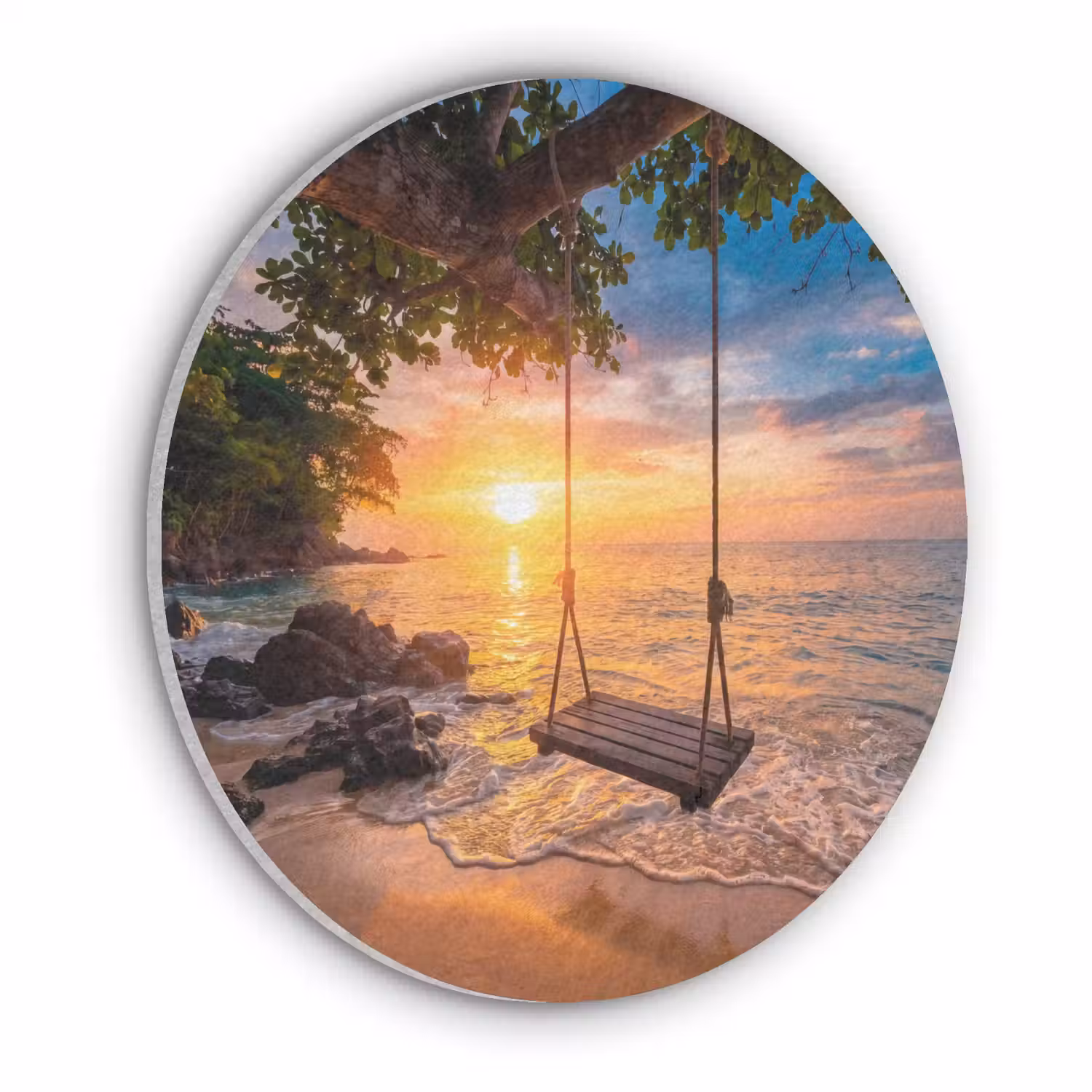 Schommel - Strand - Zonsondergang - Natuur - Oranje Akoestische PET Vilt - Rond klein -3d