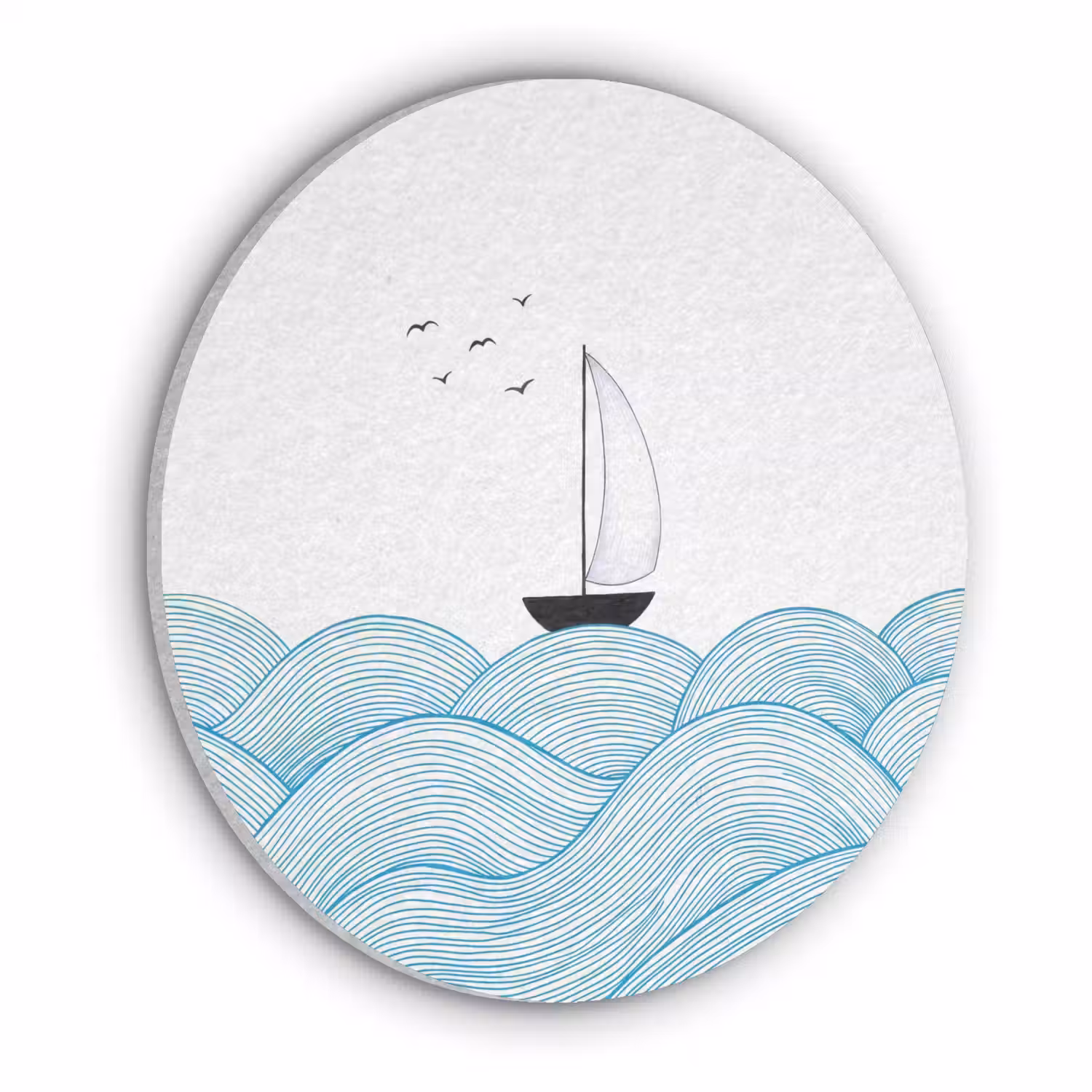 Zeilboot - Golven - Zee - Illustratie - Blauw Akoestische PET Vilt - Rond klein -3d