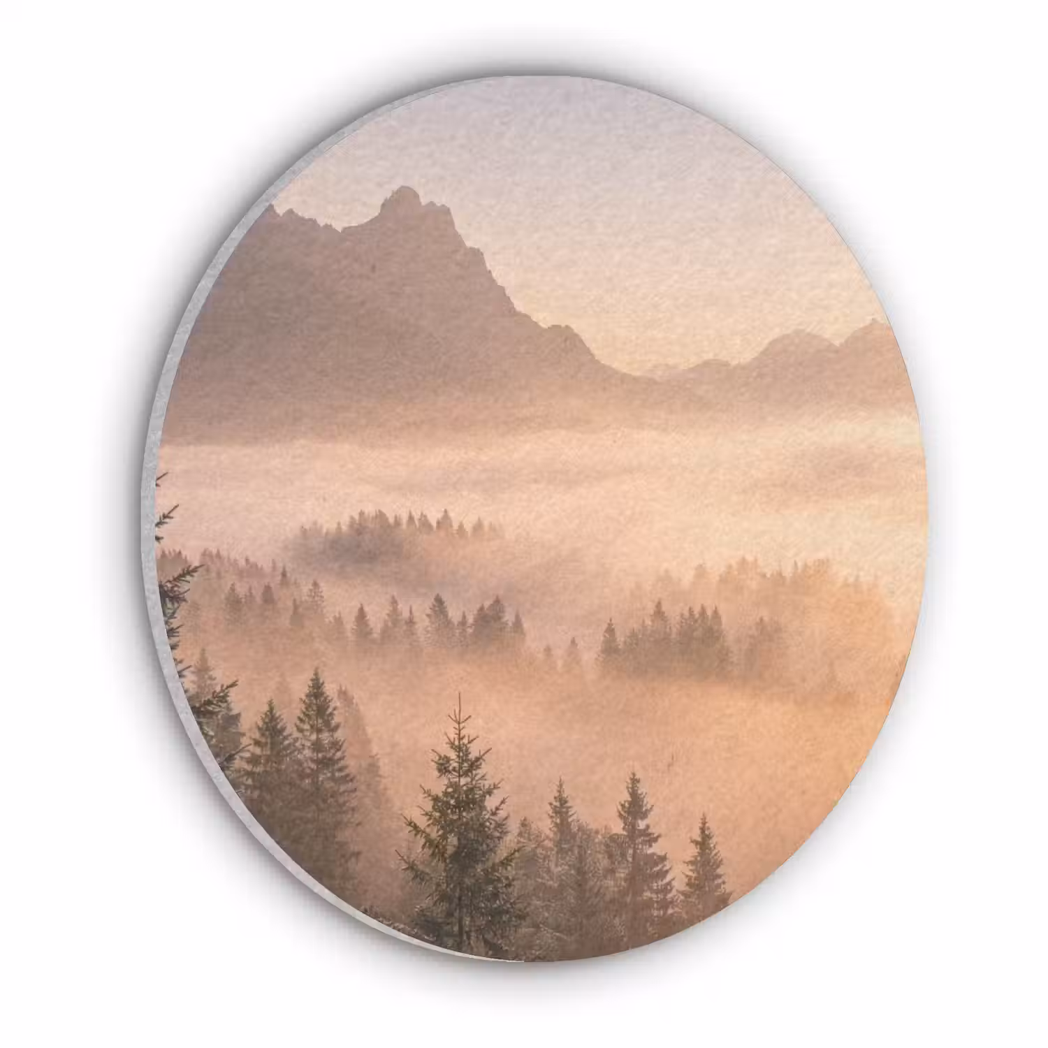 Zonlicht - Mist - Bergen - Bomen Akoestische PET Vilt - Rond klein -3d