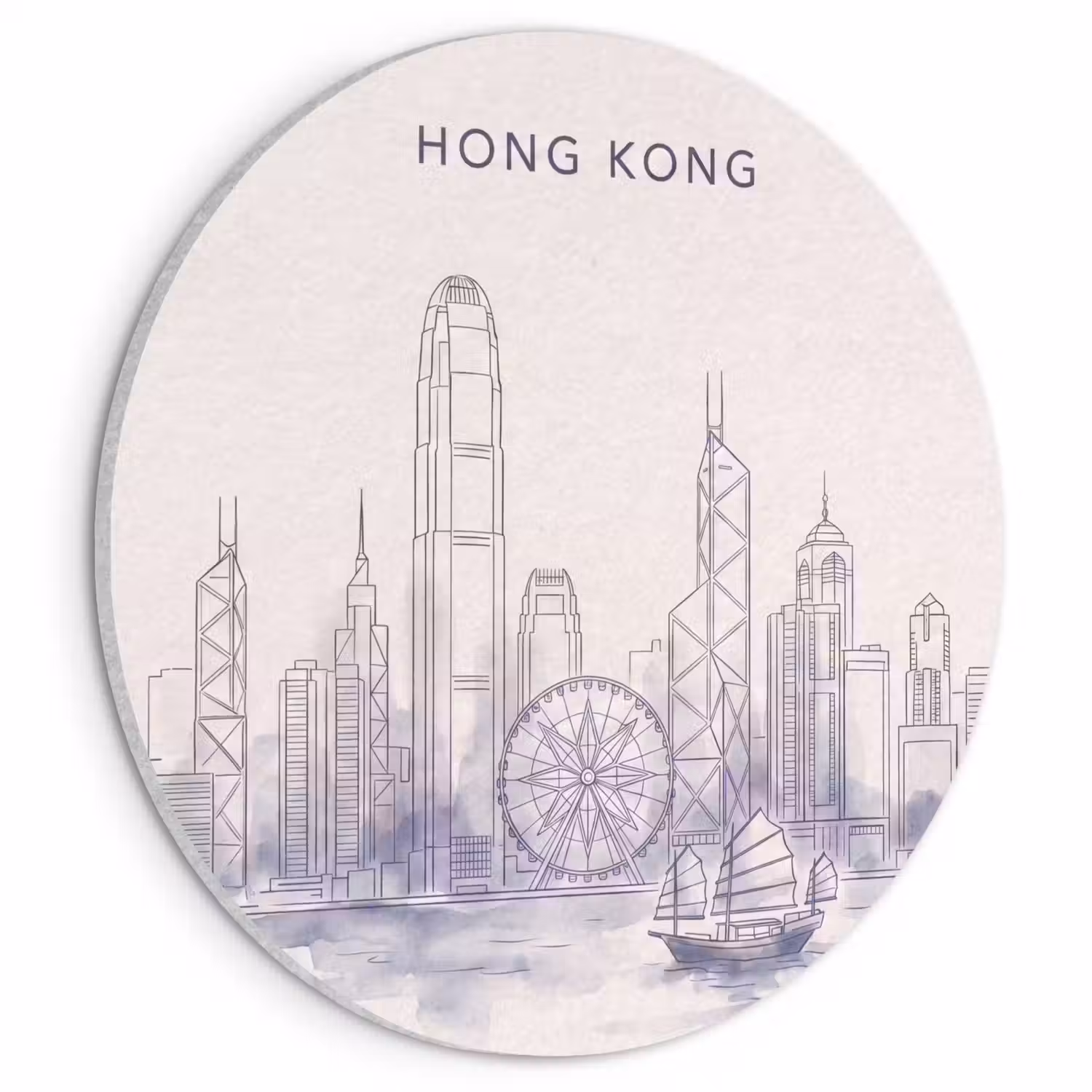Stad - Skyline - Water - Lijntekening - Blauw Akoestische PET Vilt - Rond klein -3d