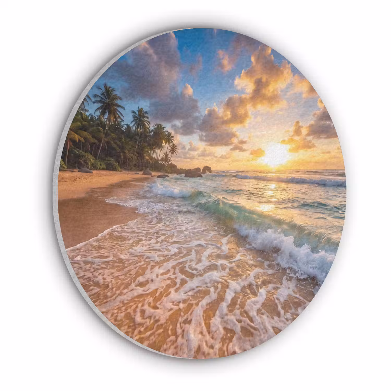 Strand - Zonsondergang - Golven - Natuur - Goud Akoestische PET Vilt - Rond klein -3d