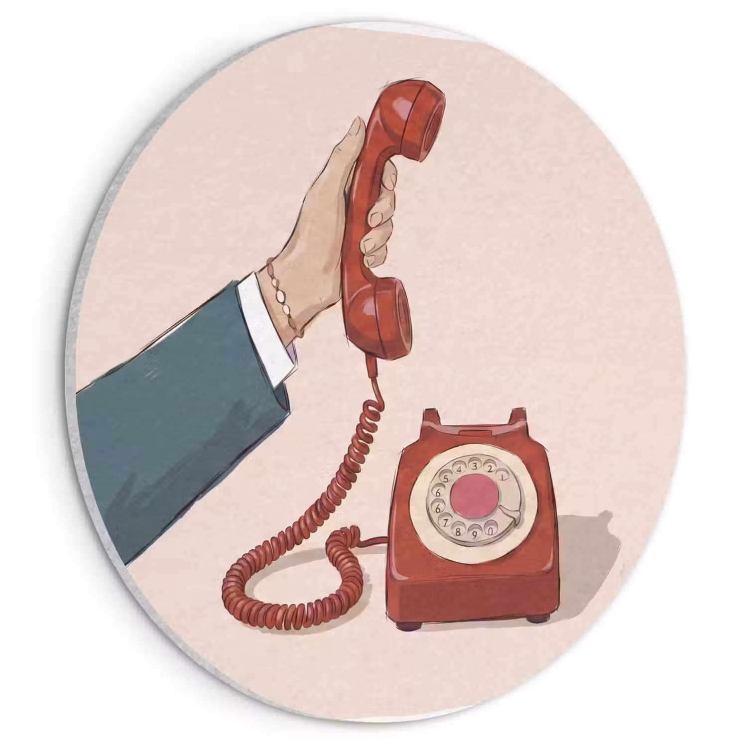 Telefoon - Hand - Vintage - Communicatie - Rood Akoestische PET Vilt - Rond klein -3d