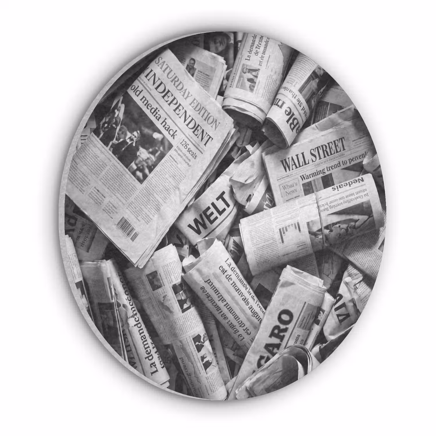 Krant - Stapel - Nieuws - Zwart-wit Akoestische PET Vilt - Rond klein -3d