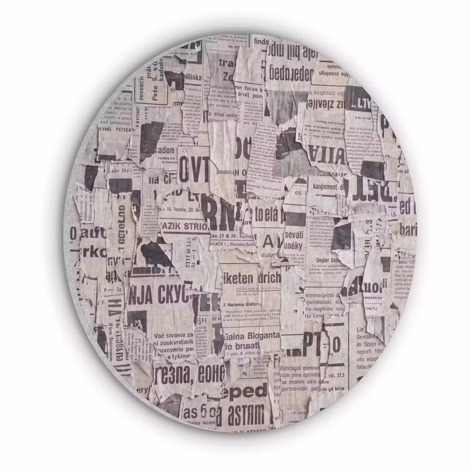 Krant - Gescheurd - Textuur - Abstract - Zwart-wit Akoestische PET Vilt - Rond klein -3d