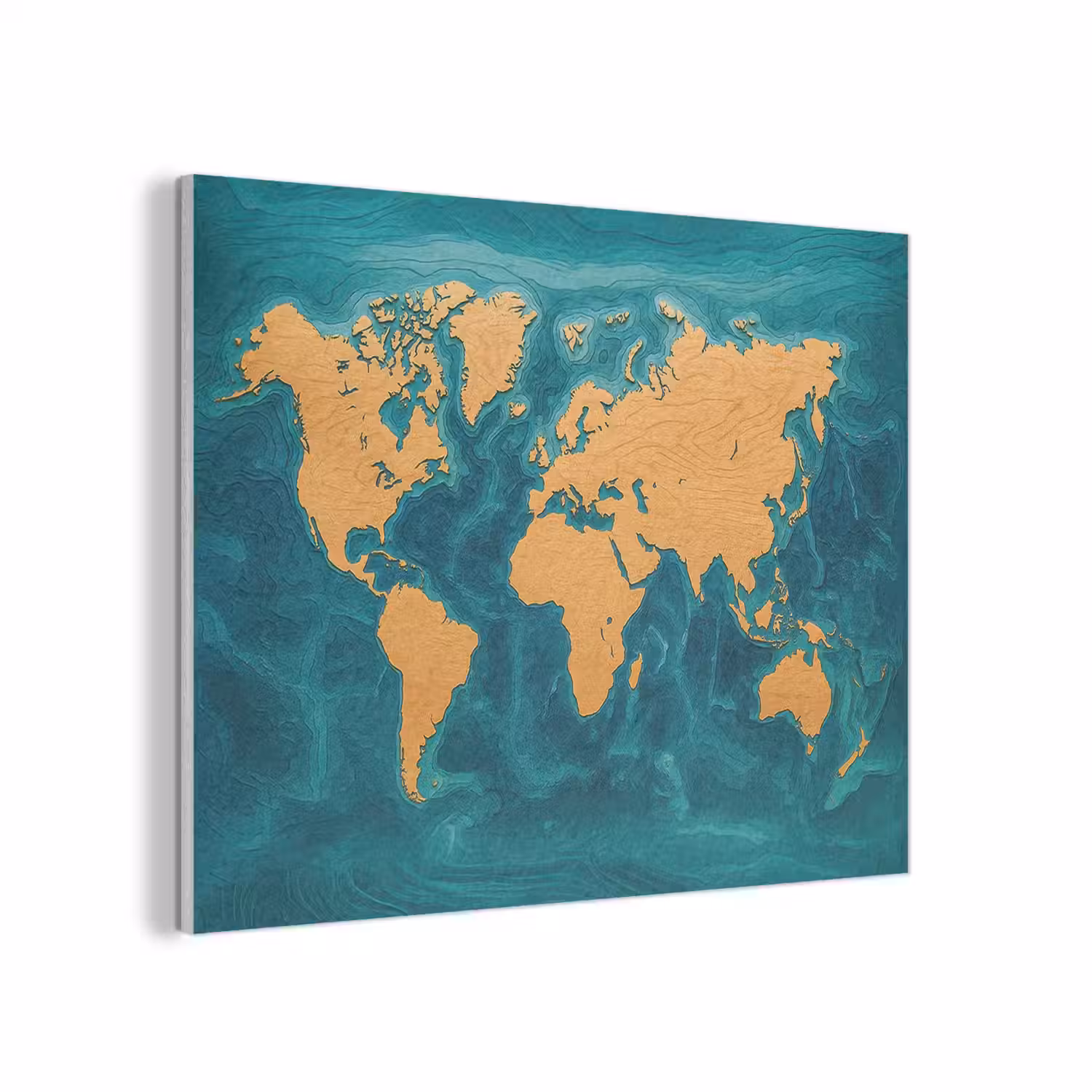 Wereldkaart - Houtsnede - Turkooisblauw PET vilt klein -3d