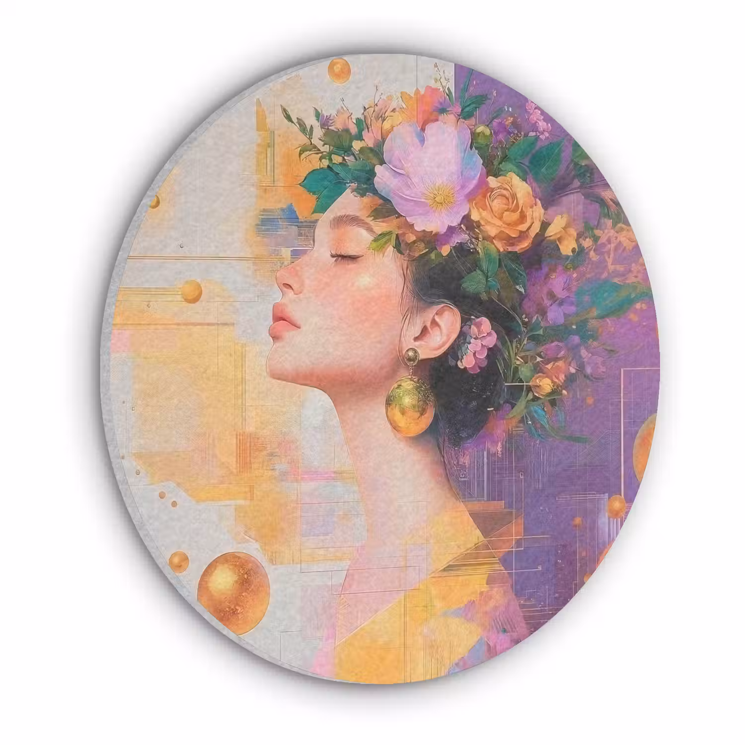 Abstract - Vrouw - Bloemenkroon - Goud Akoestische PET Vilt - Rond klein -3d