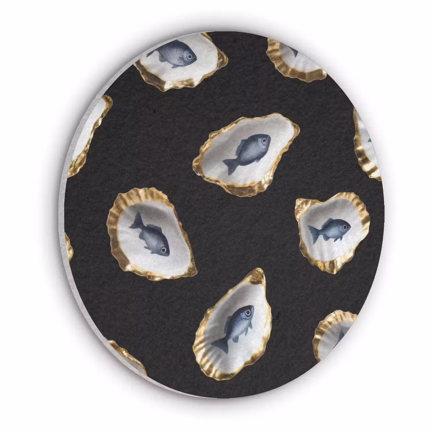 Oesters - Vissen - Blauw - Goud Akoestische PET Vilt - Rond klein -3d