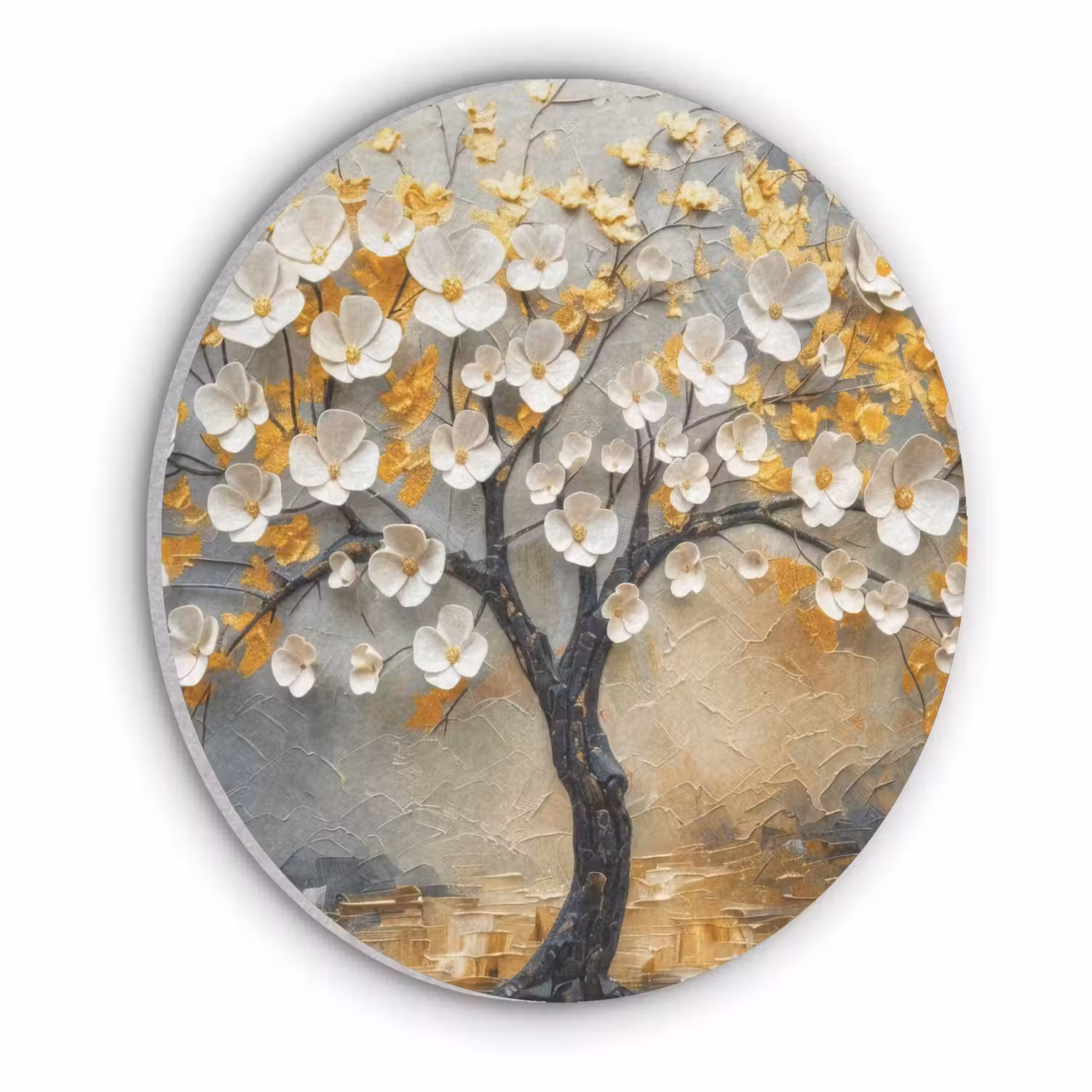 Boom - Bloemen - Goud - Beige Akoestische PET Vilt - Rond klein -3d