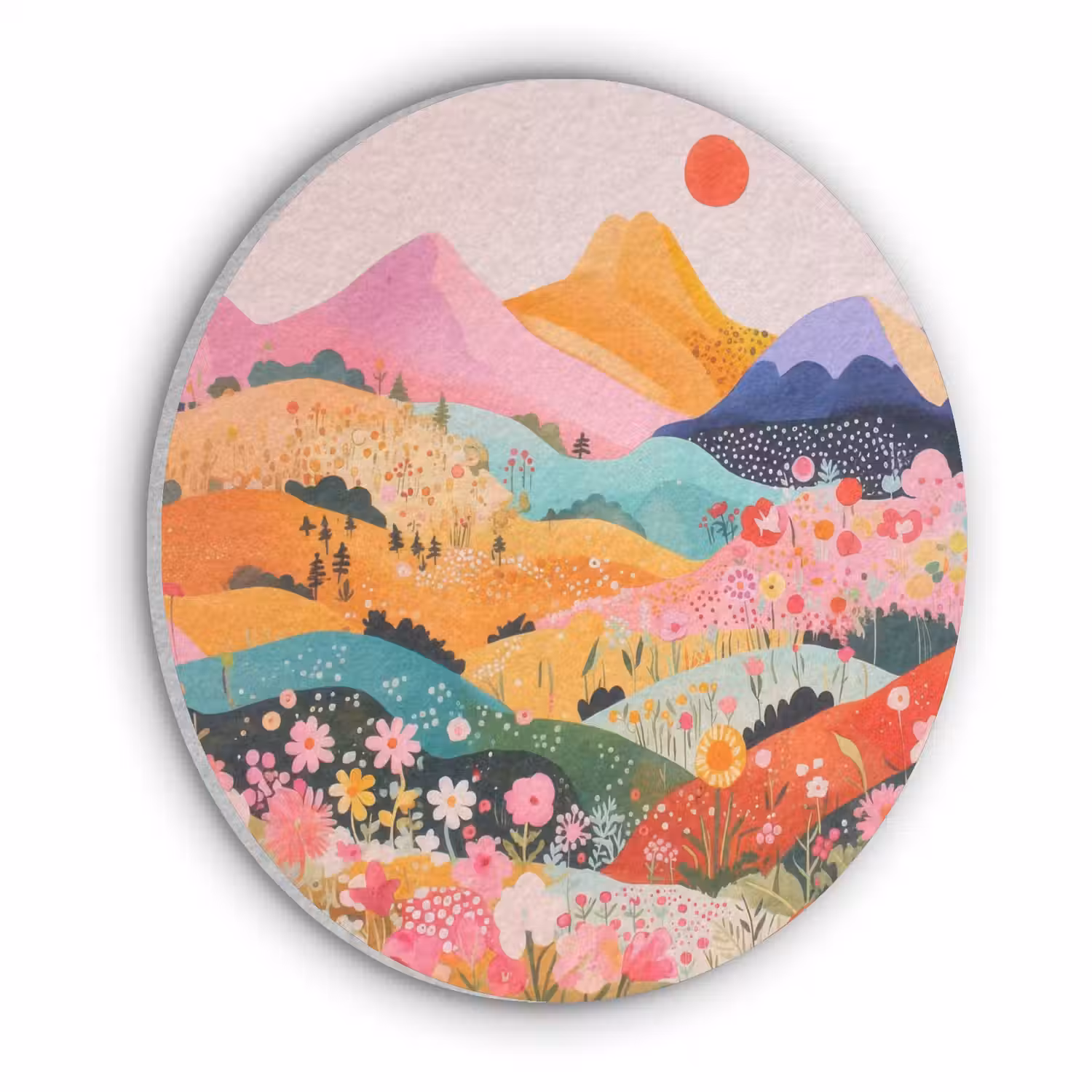 Kleurrijke bloemen - Bergen - Fantasielandschap Akoestische PET Vilt - Rond klein -3d
