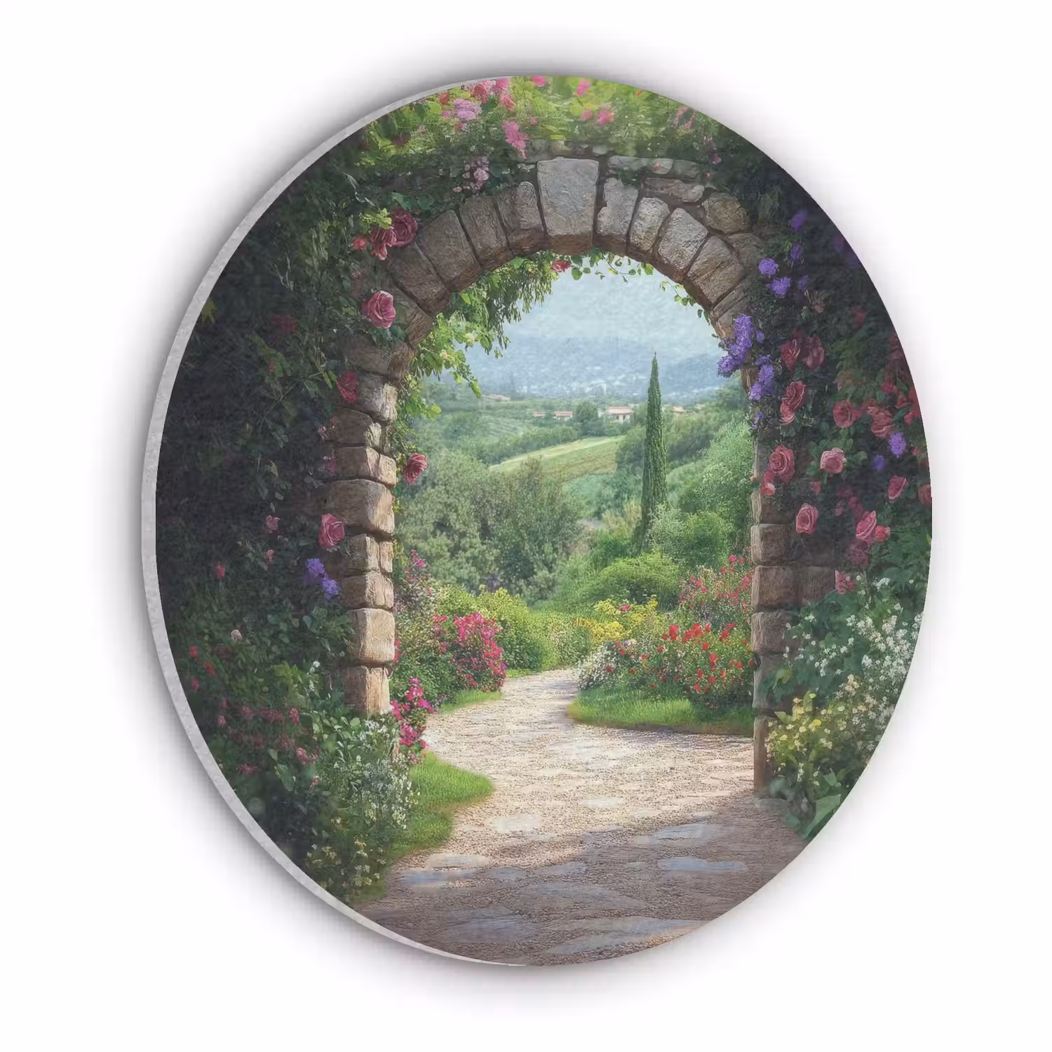 Doorkijk - Landschap - Bloemen - Pad - Uitzicht Akoestische PET Vilt - Rond klein -3d