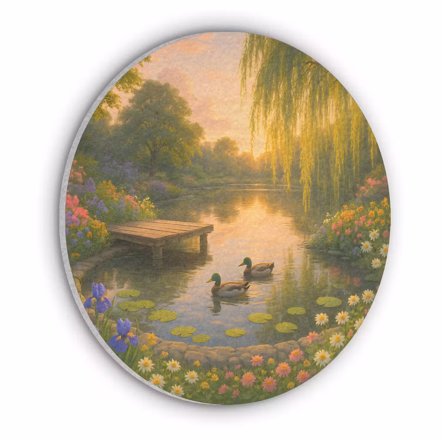 Eenden - Vijver - Bloemen Akoestische PET Vilt - Rond klein -3d