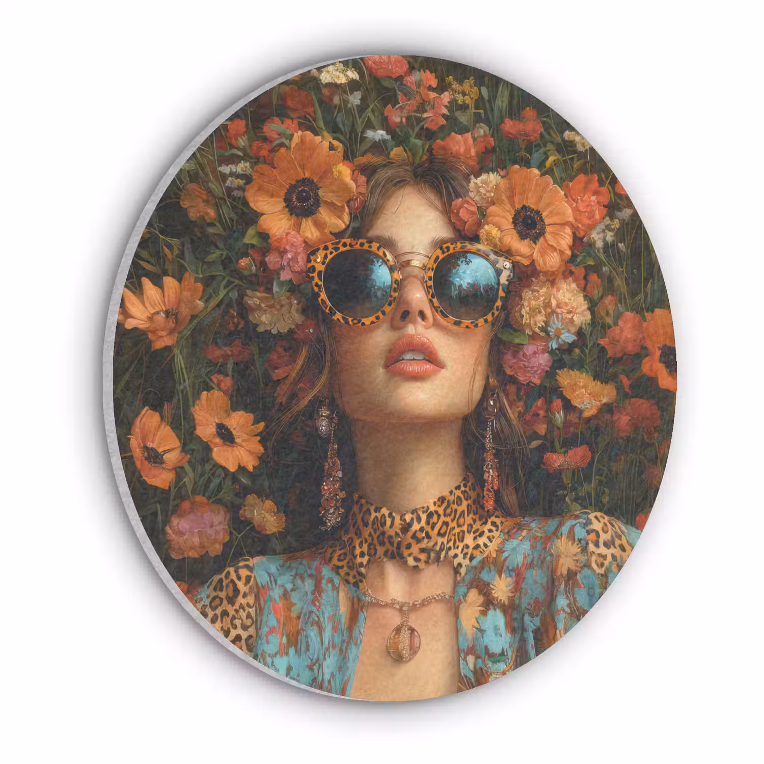Vrouwen - Bloemen - Modern - Bril - Abstract Akoestische PET Vilt - Rond klein -3d