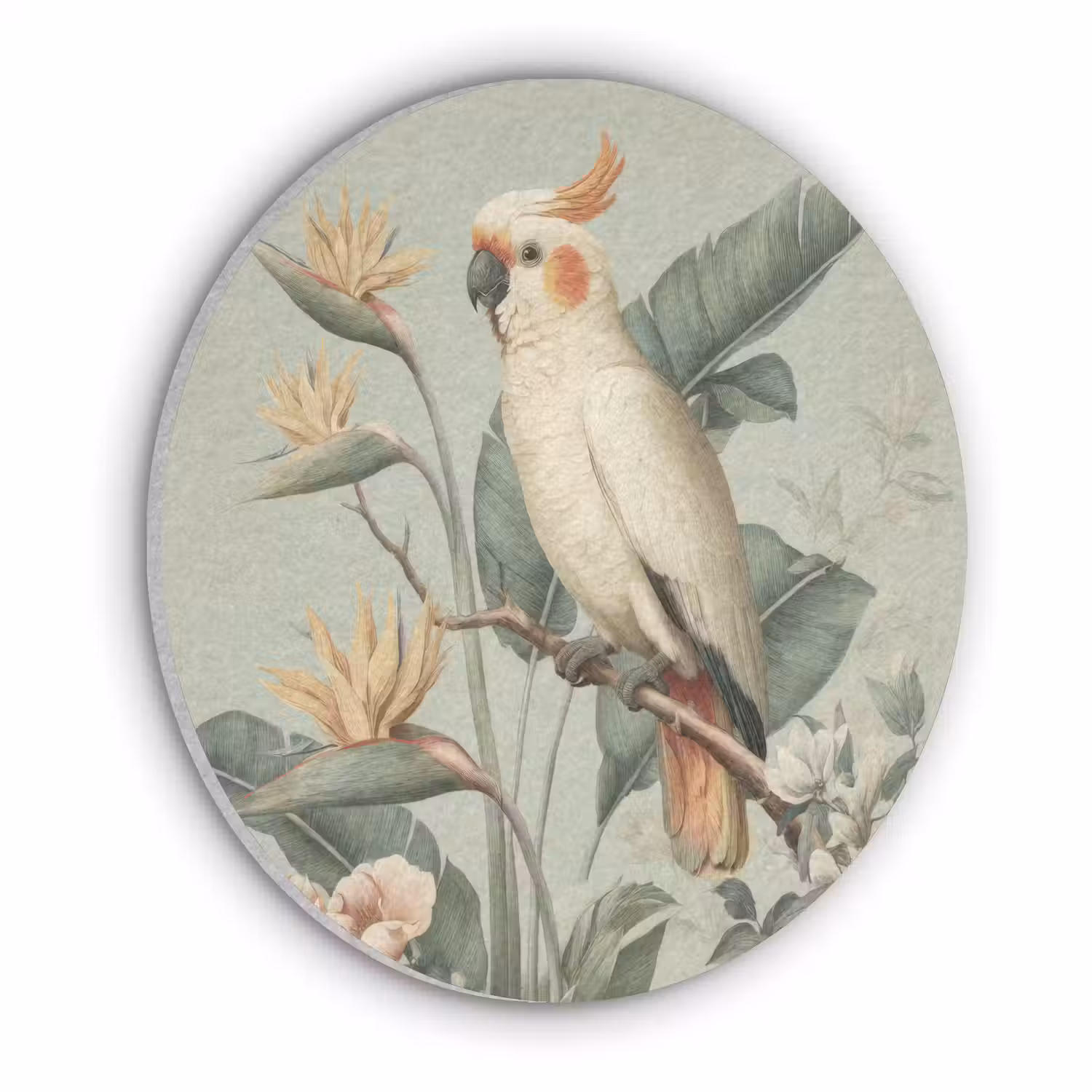 Gele kuifkaketoe - paradijsvogelbloemen - Groen Akoestische PET Vilt - Rond klein -3d