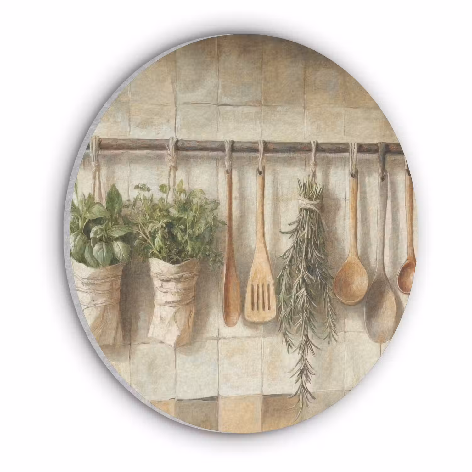 Hout - Keukengerei - Stilleven - Tegels Akoestische PET Vilt - Rond klein -3d