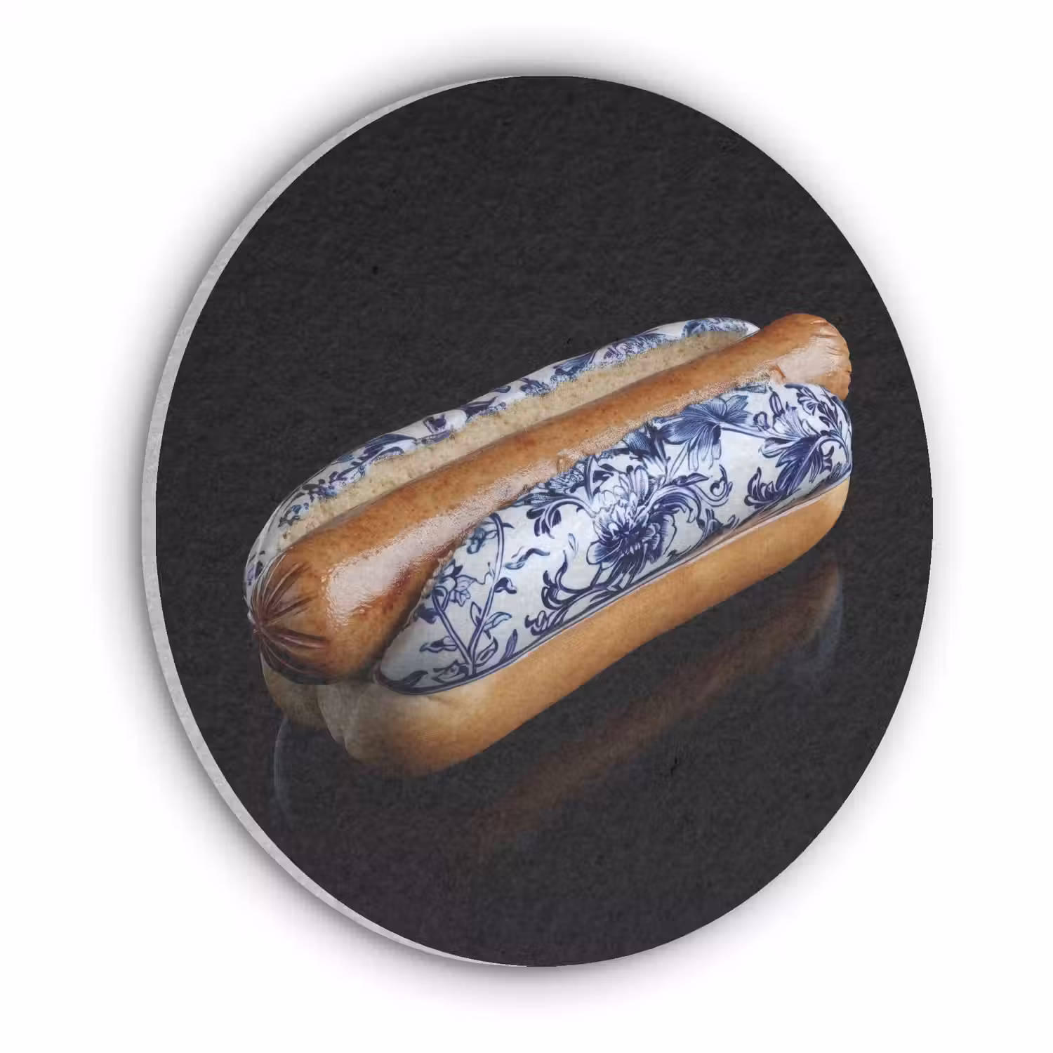 Hotdog - Porselein - Delfts blauw - Eten Akoestische PET Vilt - Rond klein -3d