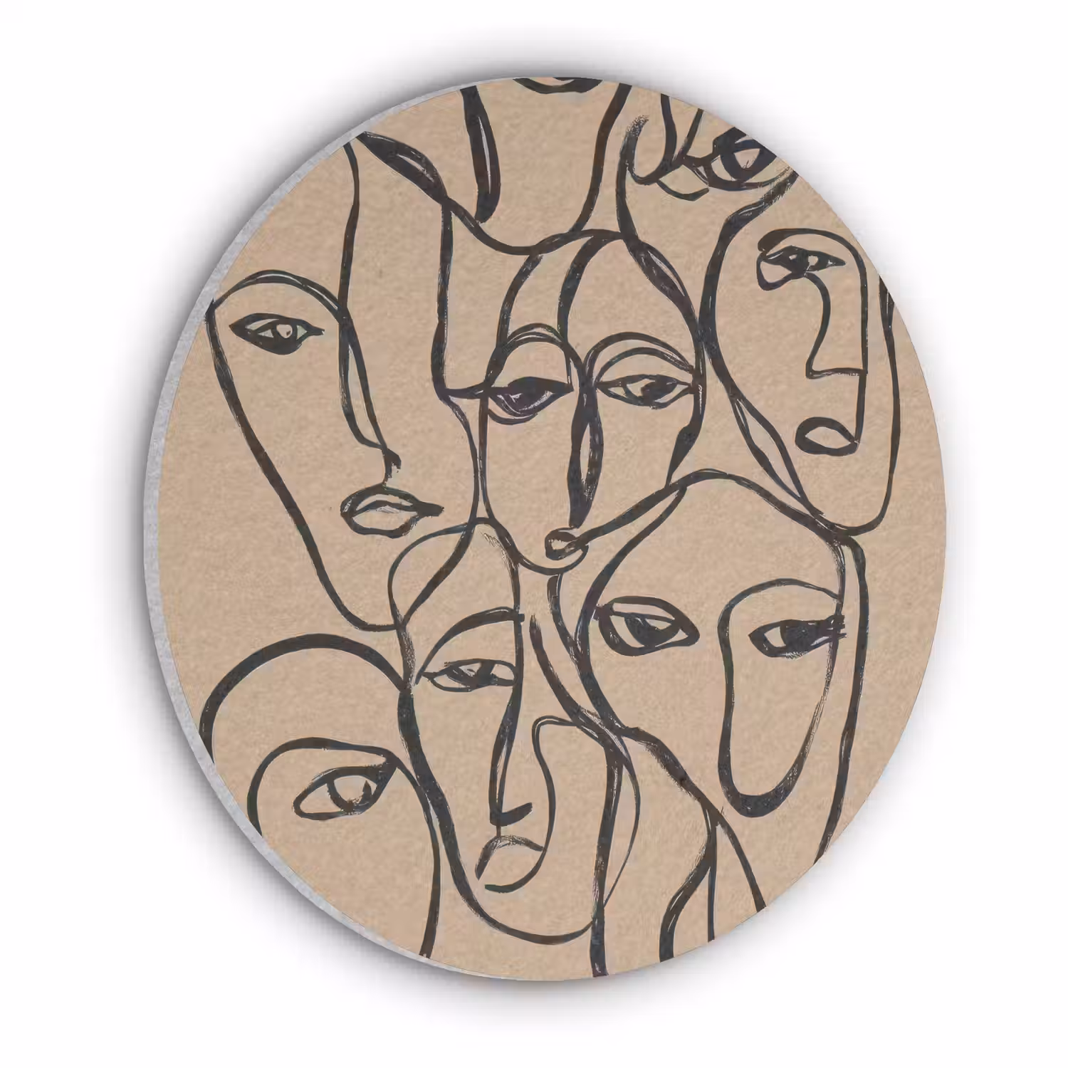 Gezichtenzee - Lijntekening - Abstract Akoestische PET Vilt - Rond klein -3d