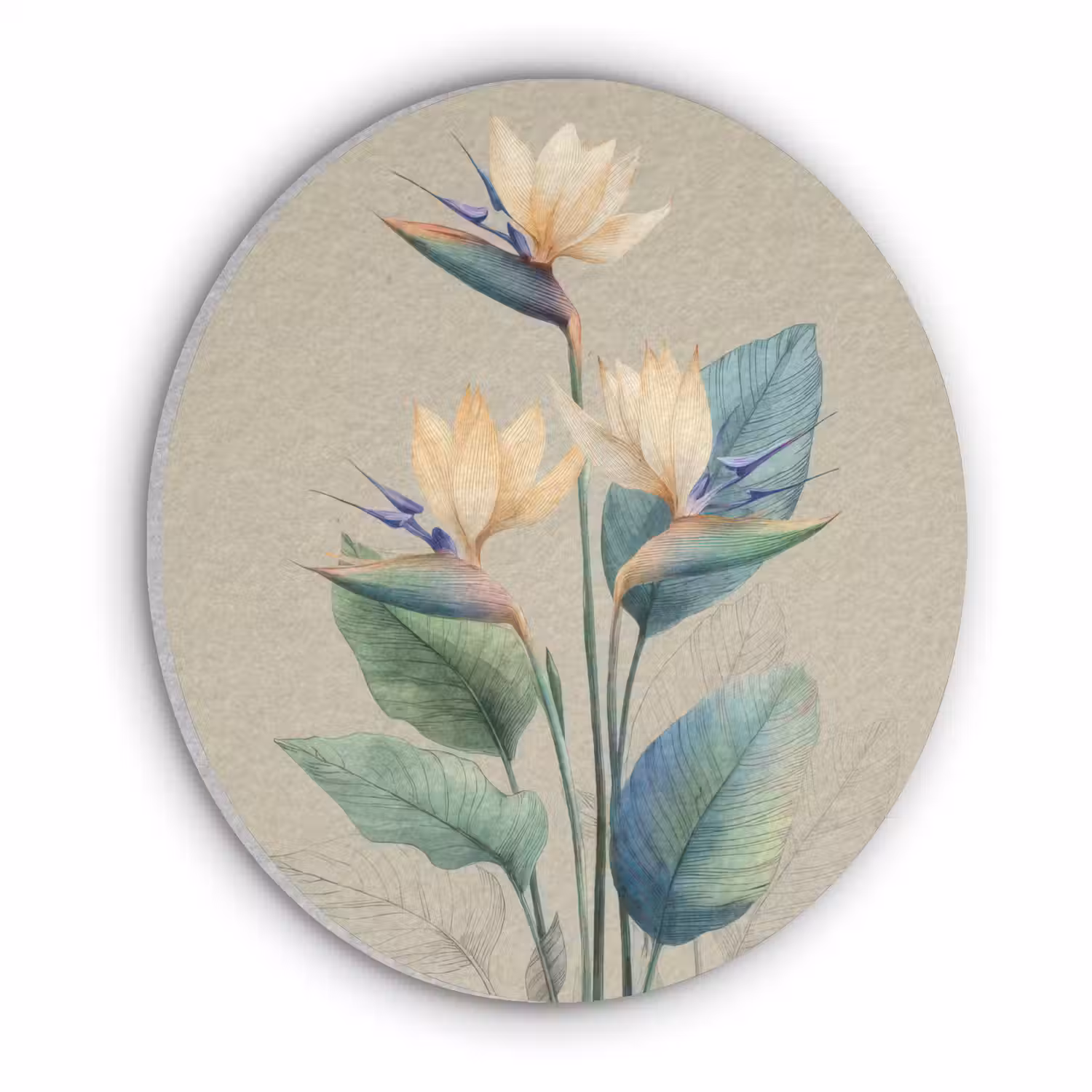 Paradijsvogelbloemen - Blauwgroene bladeren - Beige Akoestische PET Vilt - Rond klein -3d