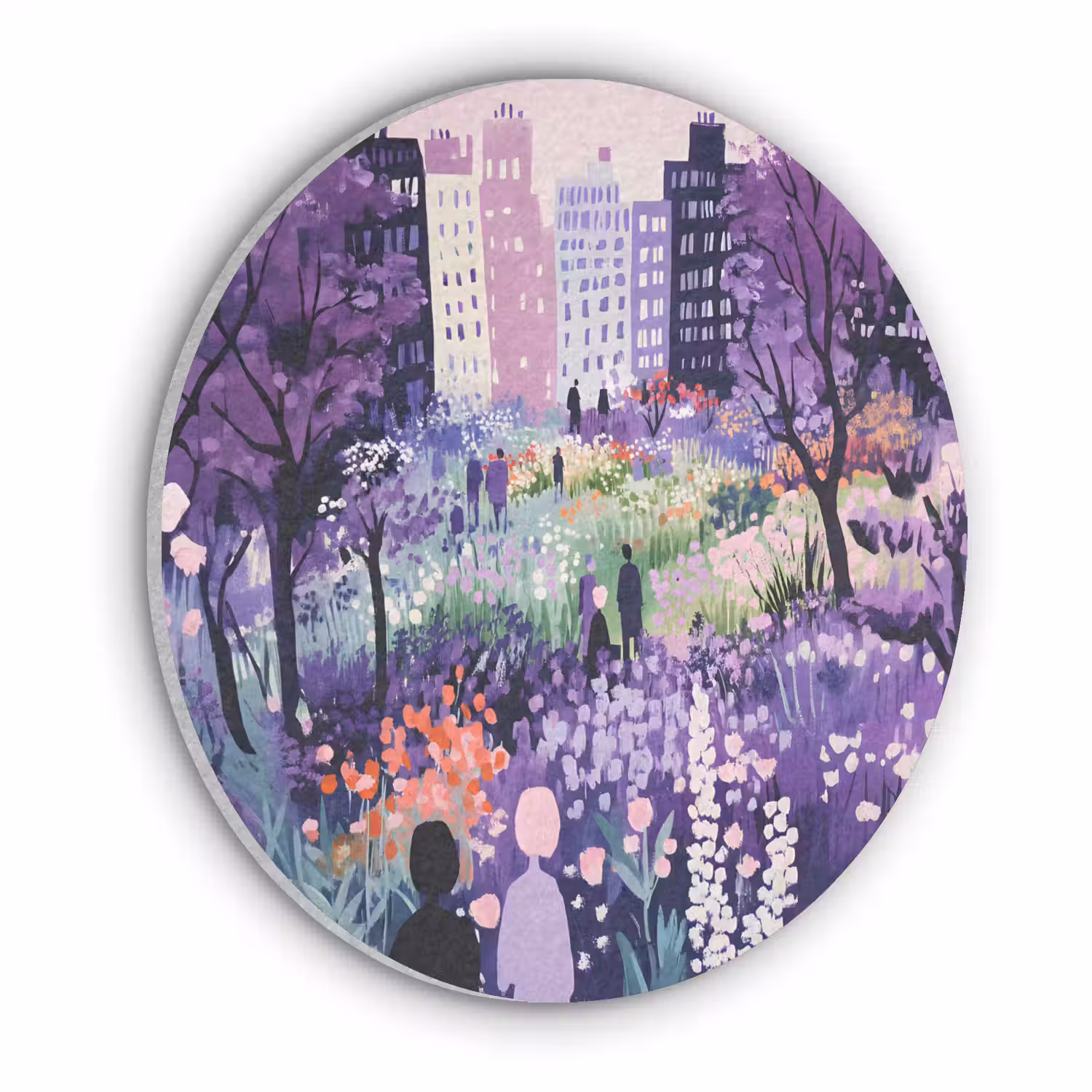 Park - Bomen - Bloemen - Gebouwen Akoestische PET Vilt - Rond klein -3d