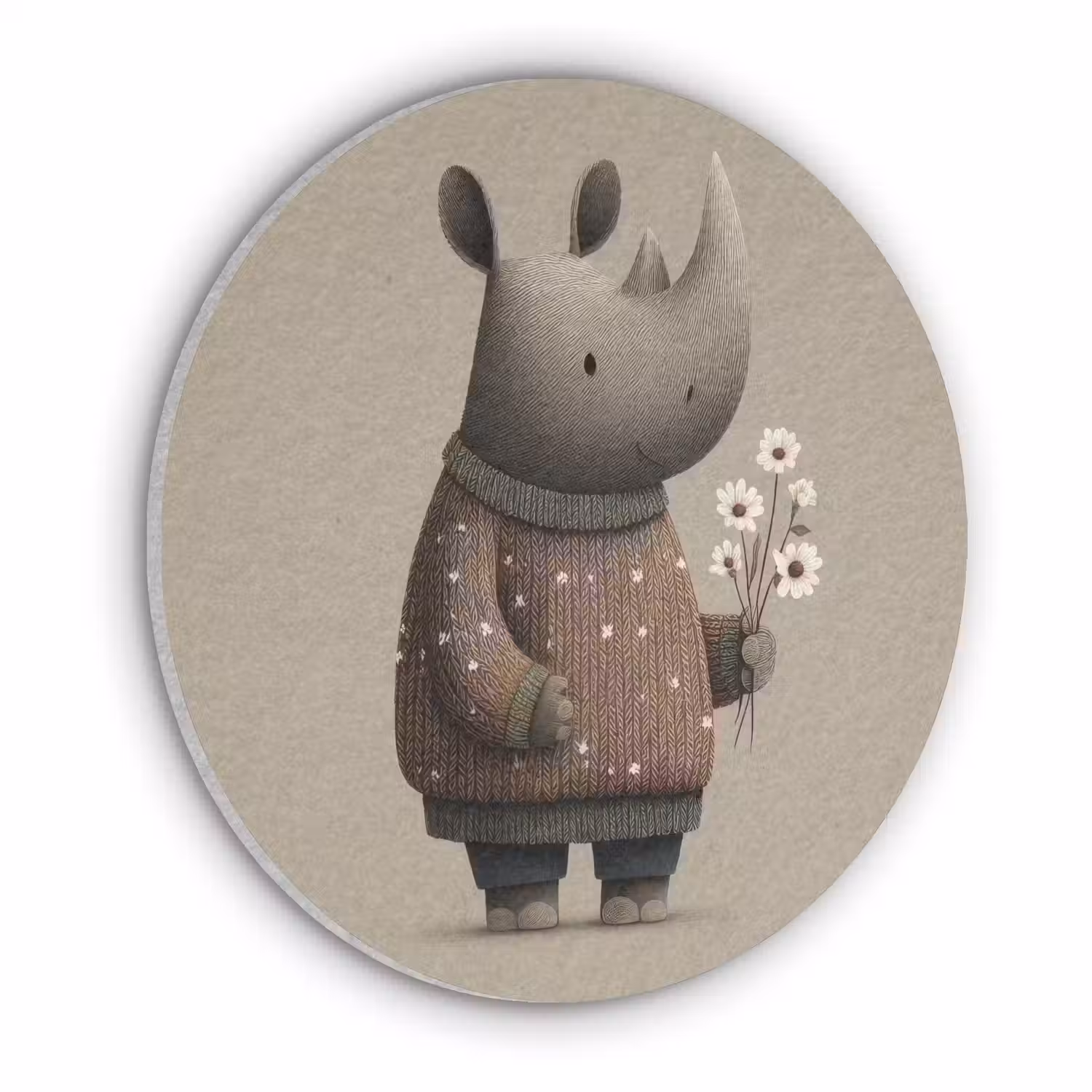 Neushoorn - Witte bloemen - Lief Akoestische PET Vilt - Rond klein -3d