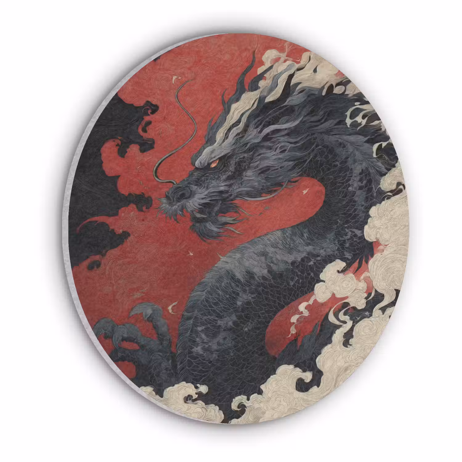 Zwarte draak - Rookwolken - Rood Akoestische PET Vilt - Rond klein -3d