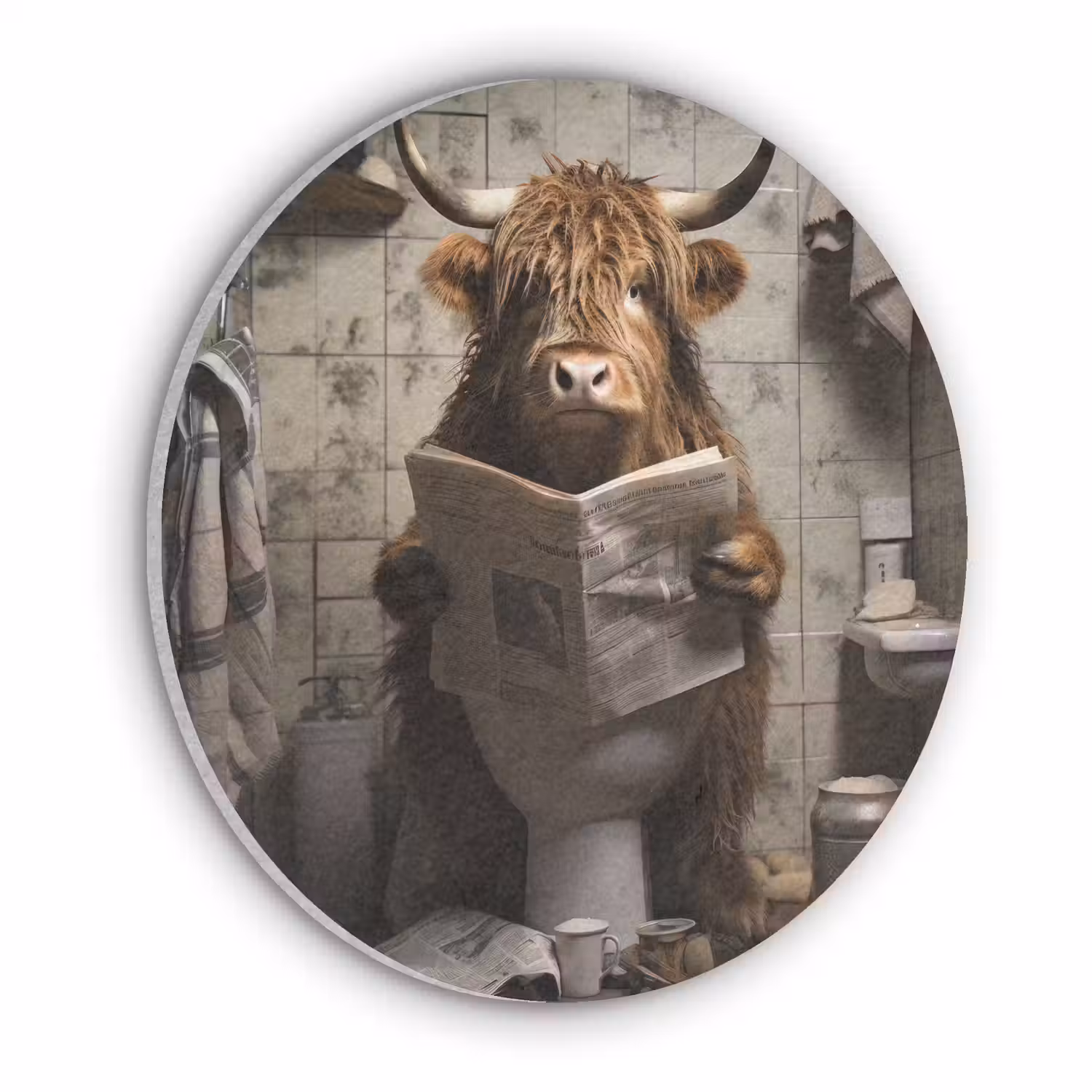 Schotse hooglander - Toilet - Krant - Badkamer Akoestische PET Vilt - Rond klein -3d