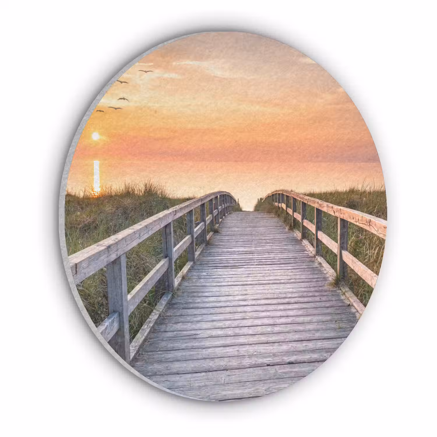 Zonsonderang - Zee - Pad - Gras - Duin - Vogels Akoestische PET Vilt - Rond klein -3d