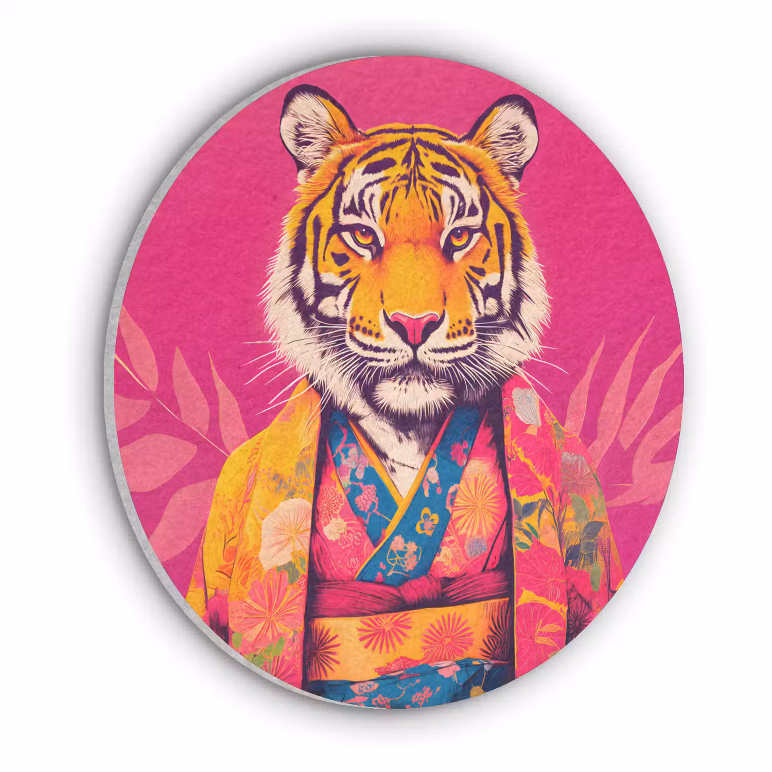Tijger - Kimono - Planten - Roze Akoestische PET Vilt - Rond klein -3d