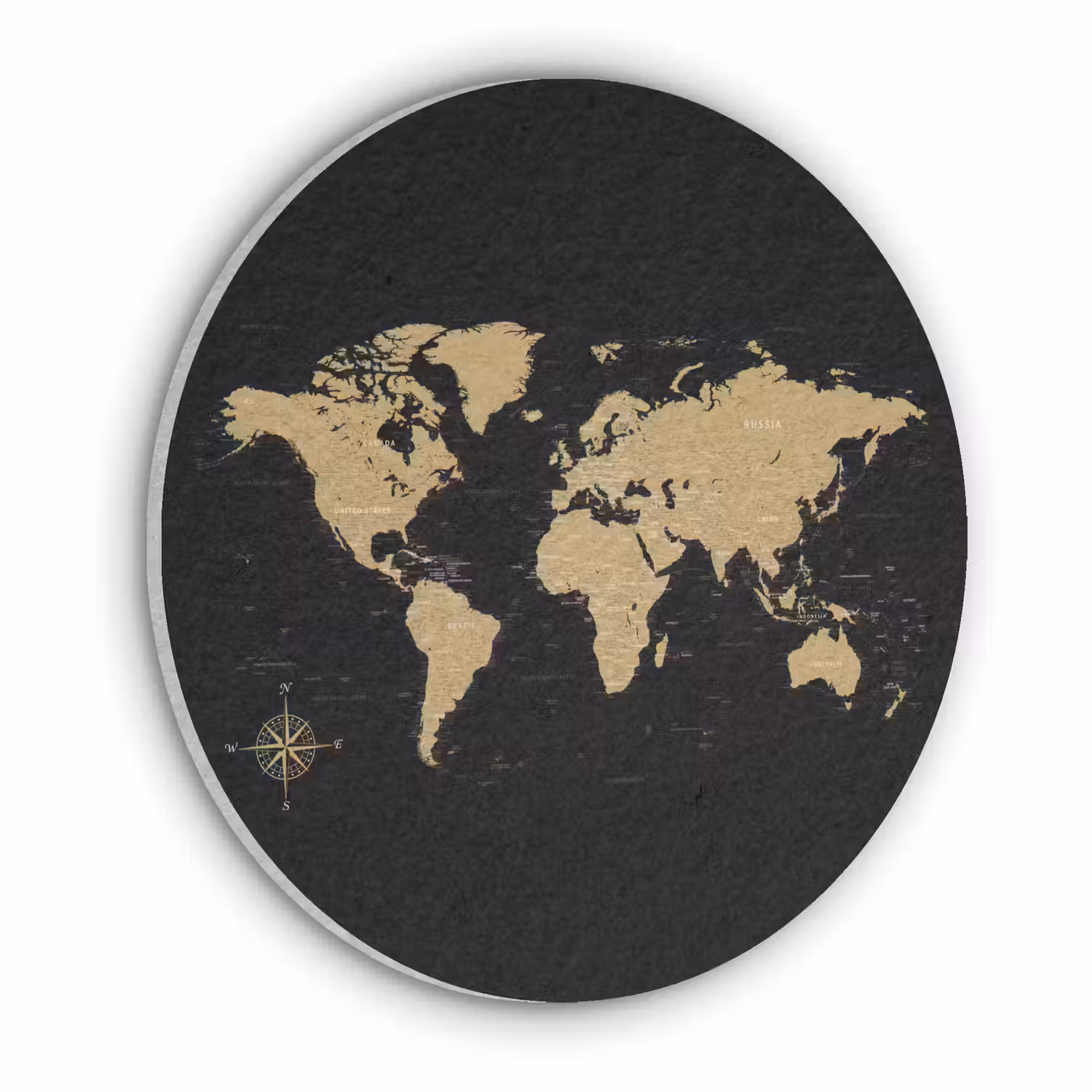 Wereldkaart - Beige - Zwart Akoestische PET Vilt - Rond klein -3d