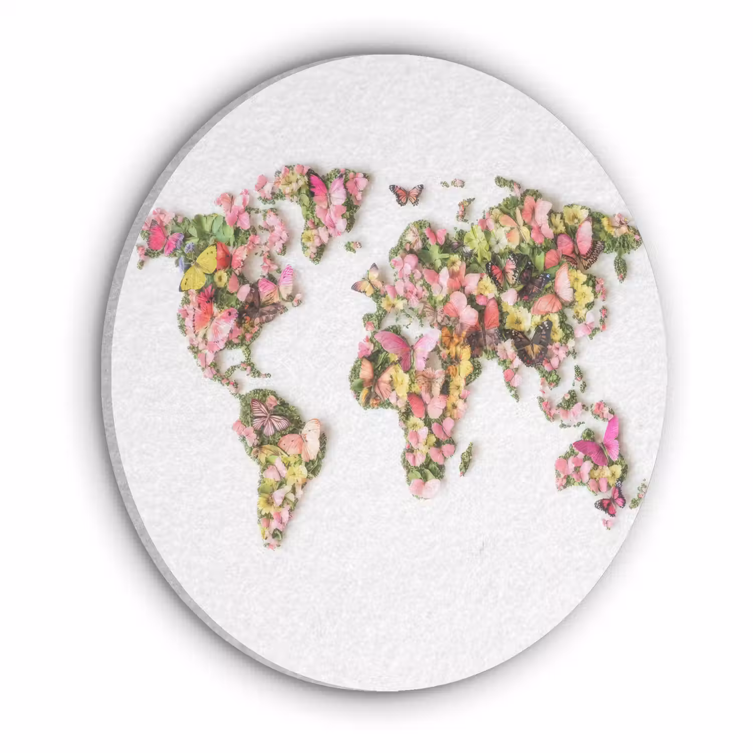 Wereldkaart - Bloemen - Felgekleurd Akoestische PET Vilt - Rond klein -3d