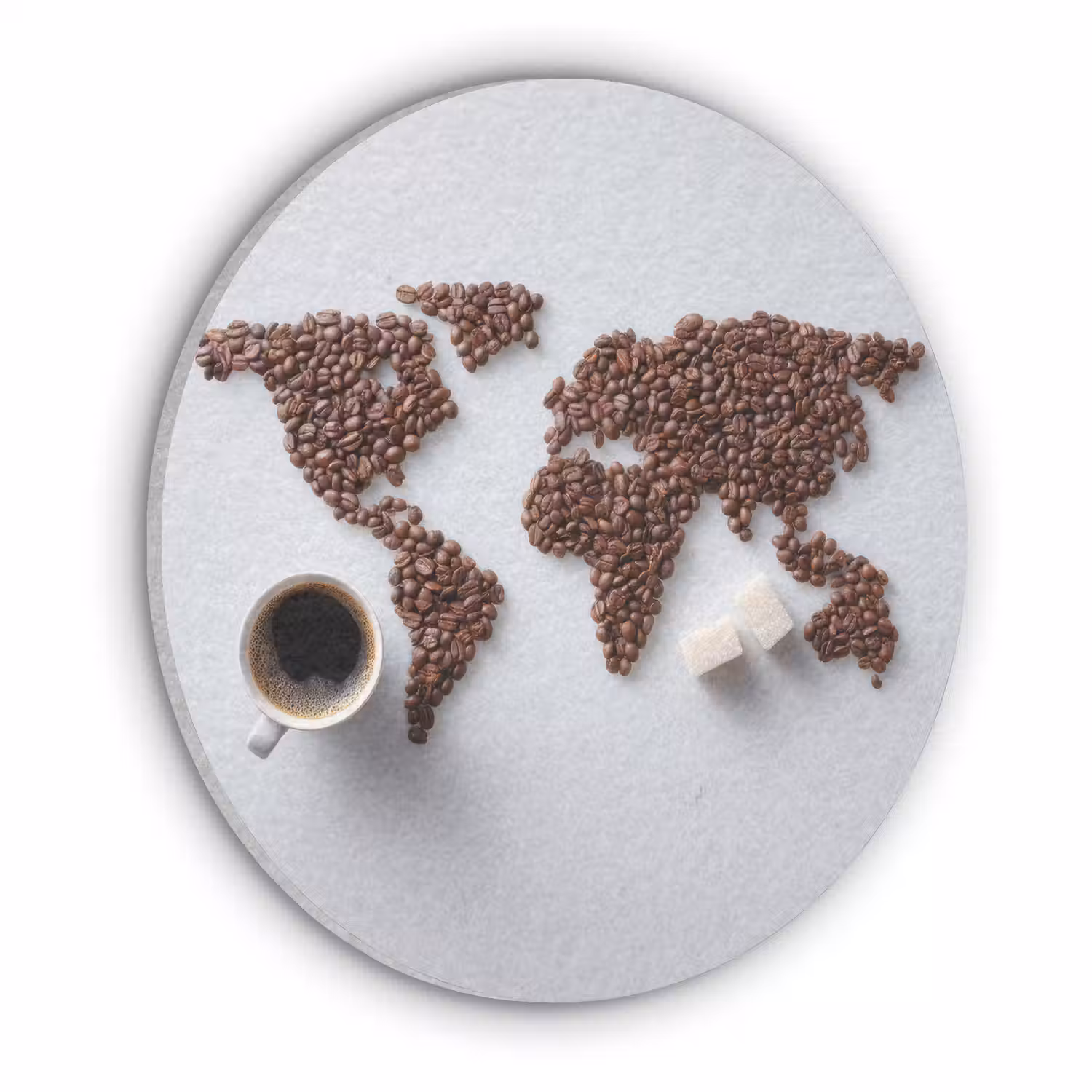 Wereldkaart - Koffiebonen - Suikerklontjes Akoestische PET Vilt - Rond klein -3d