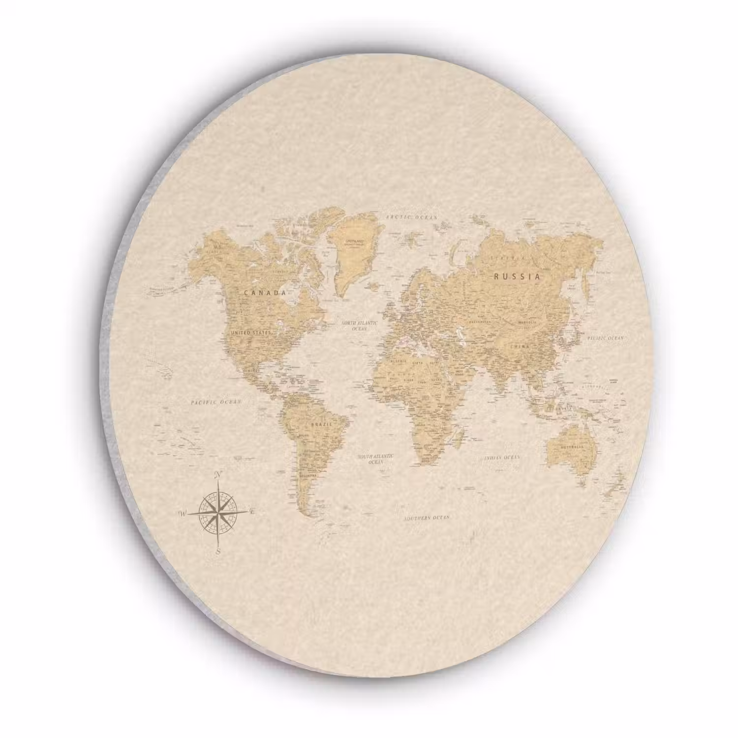 Wereldkaart - Realistisch - Beige Akoestische PET Vilt - Rond klein -3d
