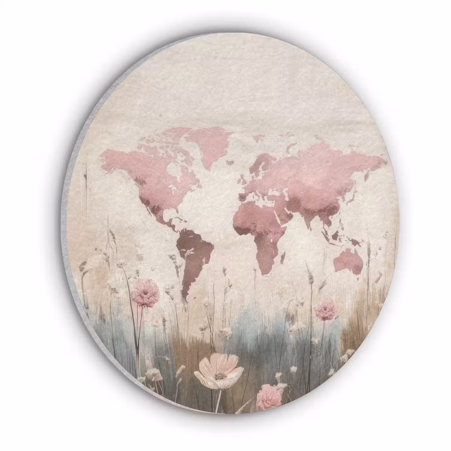 Wereldkaart - Roze - Bloemen Akoestische PET Vilt - Rond klein -3d