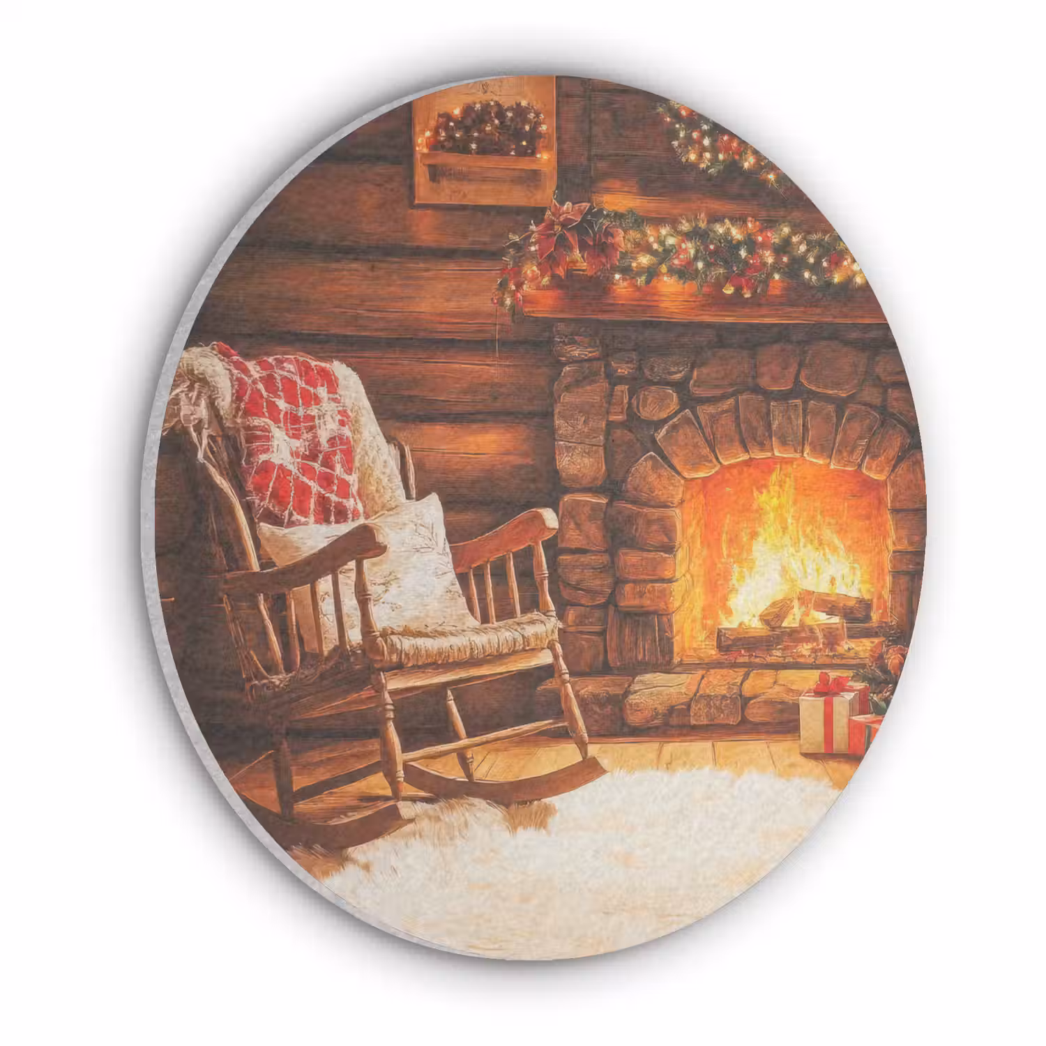 Winter - Kerst - Huis - Openhaard Akoestische PET Vilt - Rond klein -3d