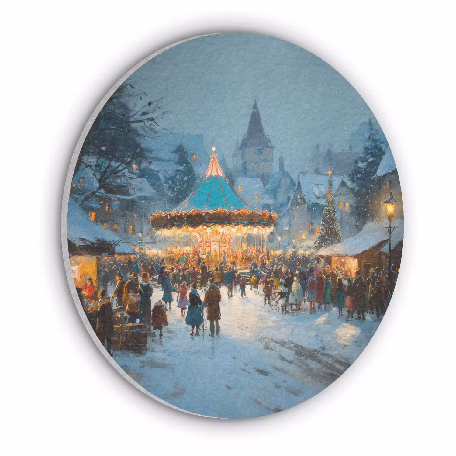 Winterkermis - Dorp - Kleurrijk Akoestische PET Vilt - Rond klein -3d