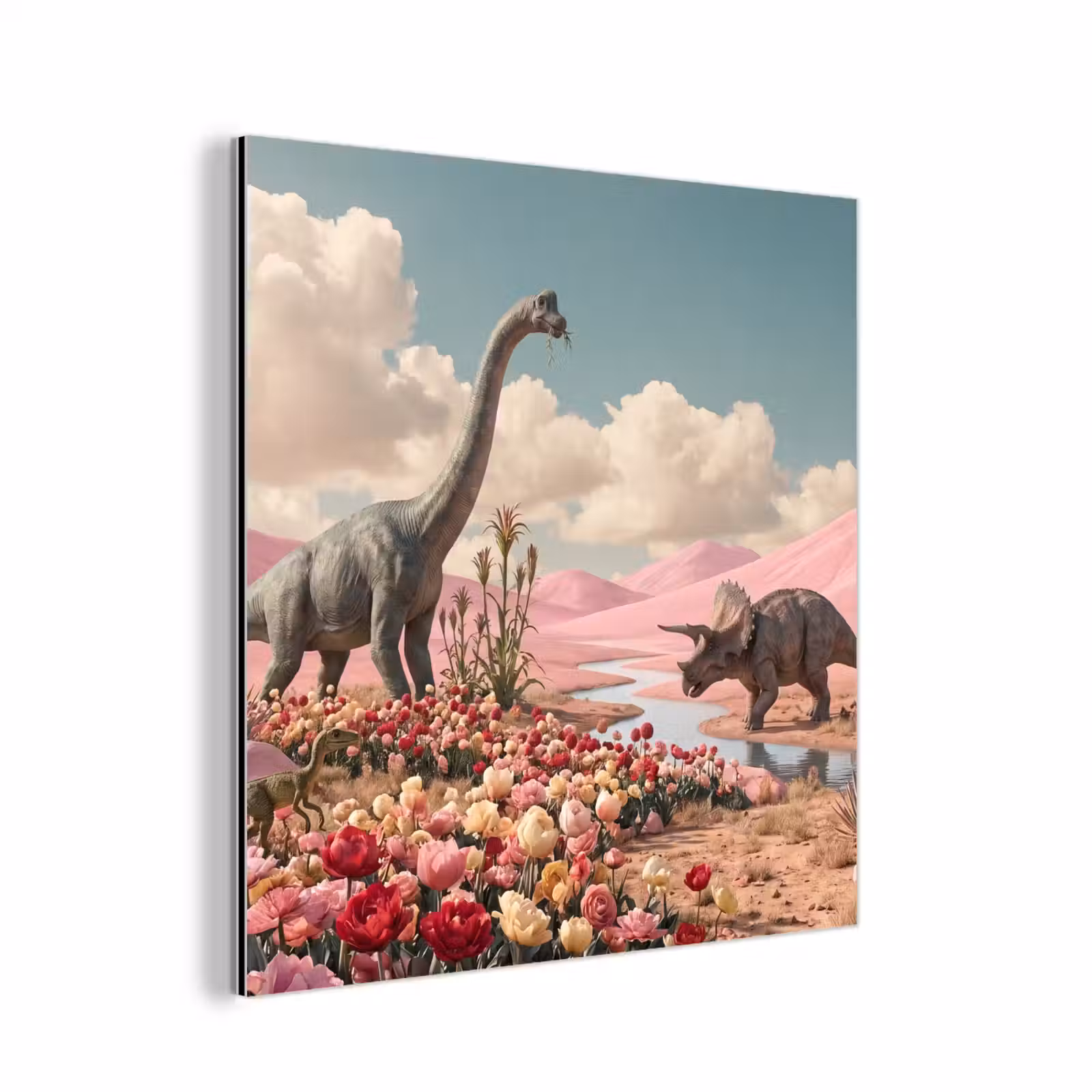 Alu-Dibond-Bild - Dinosaurier – Rosa – Landschaft - Dinosaurus - Roze - Landschap aluminium wit klein