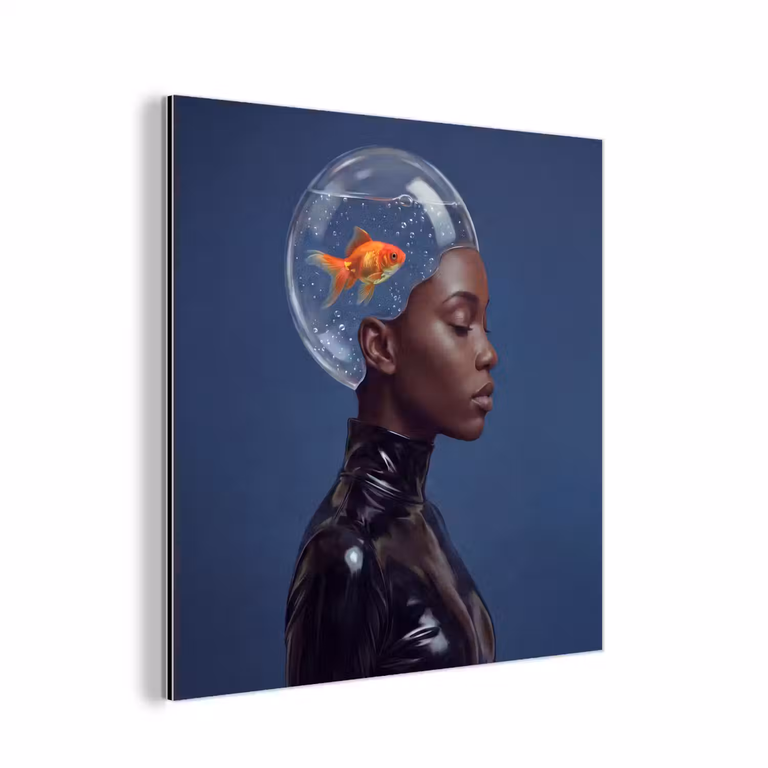 Vrouw - Goudvis - Hoofd - Abstract - Blauw aluminium wit klein -3d