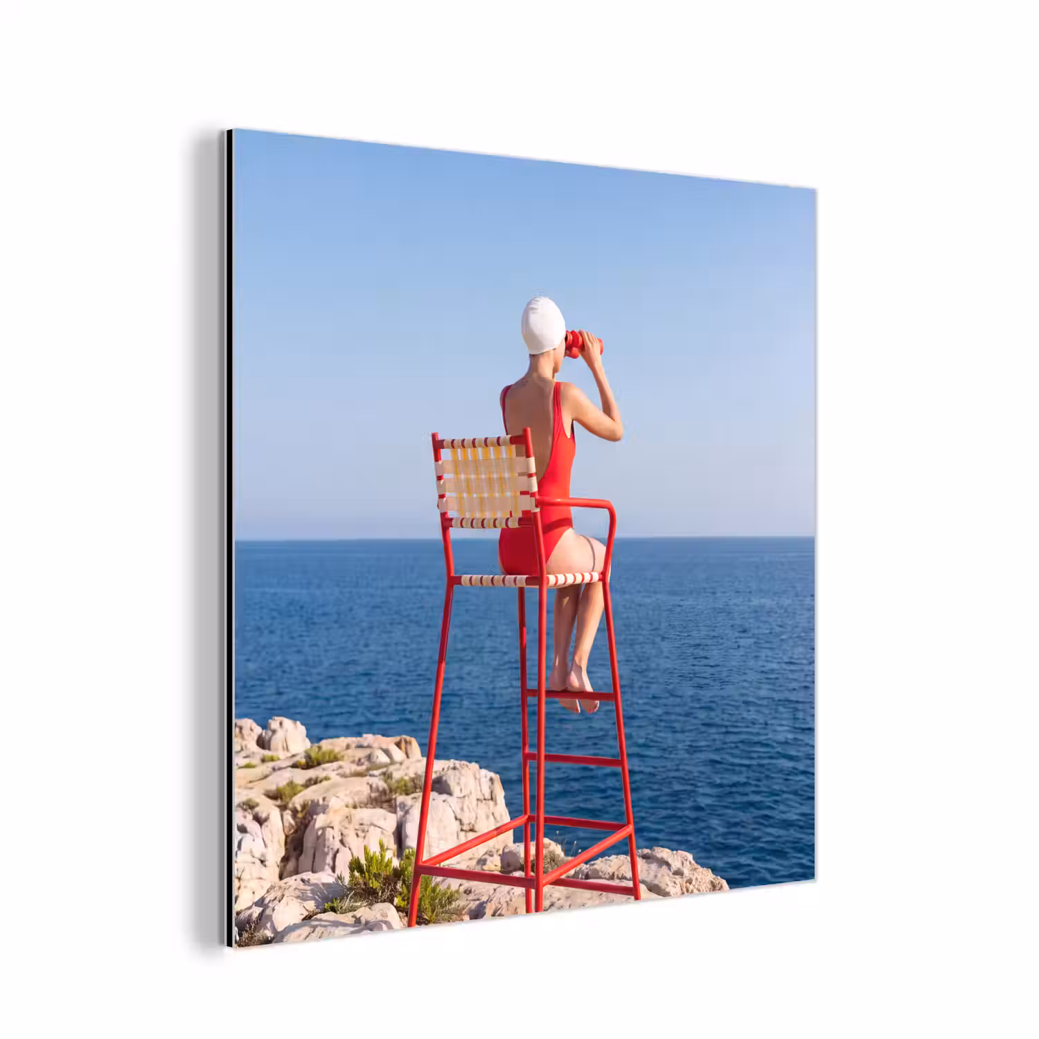 Vrouw - Zee - Kust - Verrekijker - Rood aluminium wit klein -3d