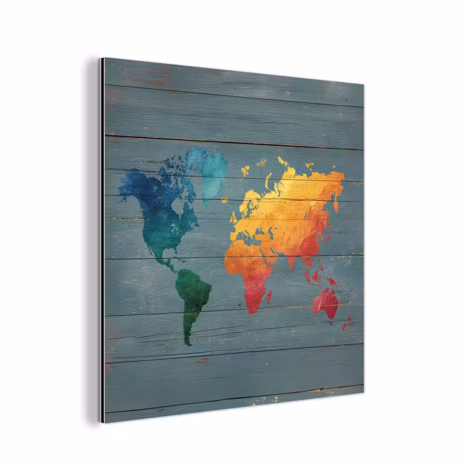 Hout - Planken - Regenboog - Wereldkaart aluminium wit klein -3d