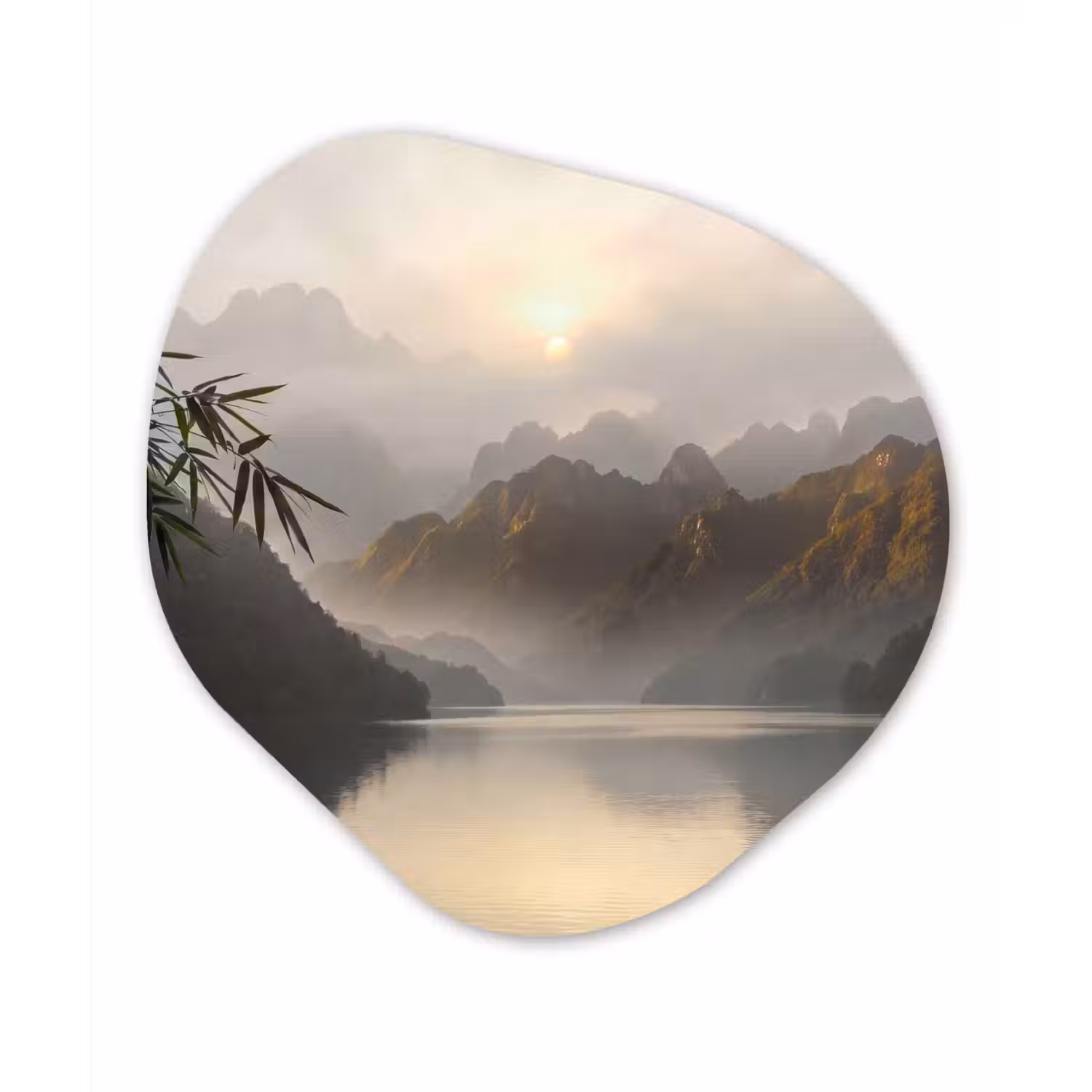 Bergen - Water - Mist - Natuur - Landschap Wandcirkel Organisch Aluminium middel -3d