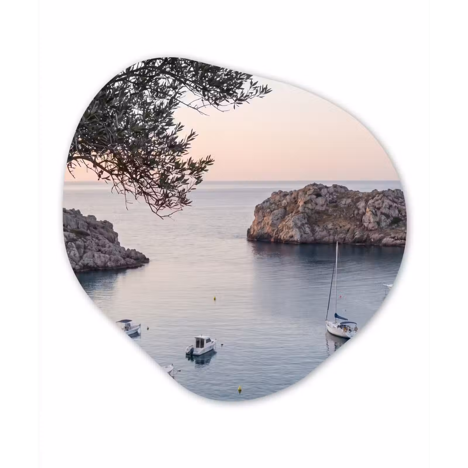 Alu-Dibond-Bild Organische Form - Bucht – Boote – Sonnenuntergang - Baai - boten - zonsondergang Wandcirkel Organisch Aluminium middel
