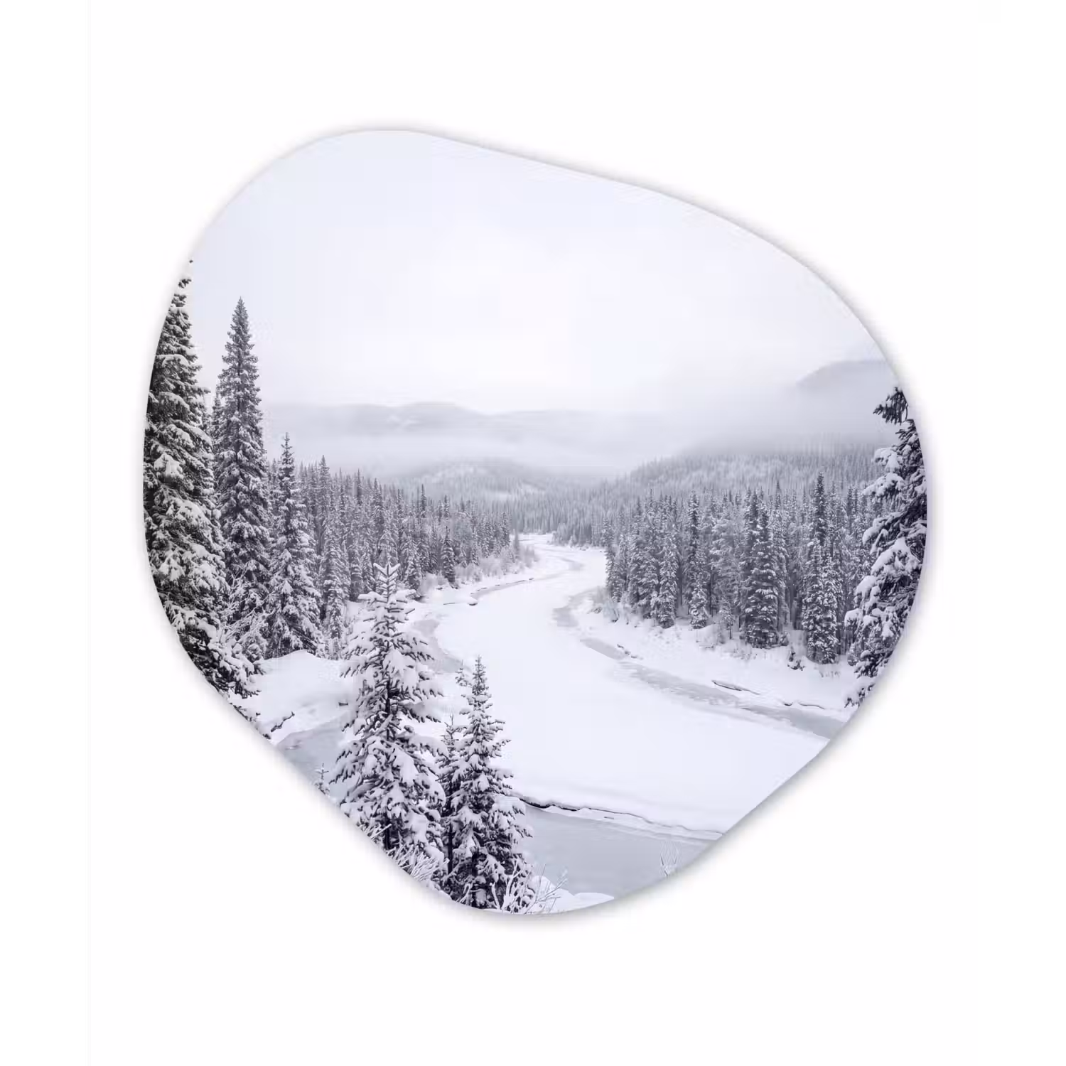 Rivier - Bevroren - Landschap - Winter Wandcirkel Organisch Aluminium middel -3d