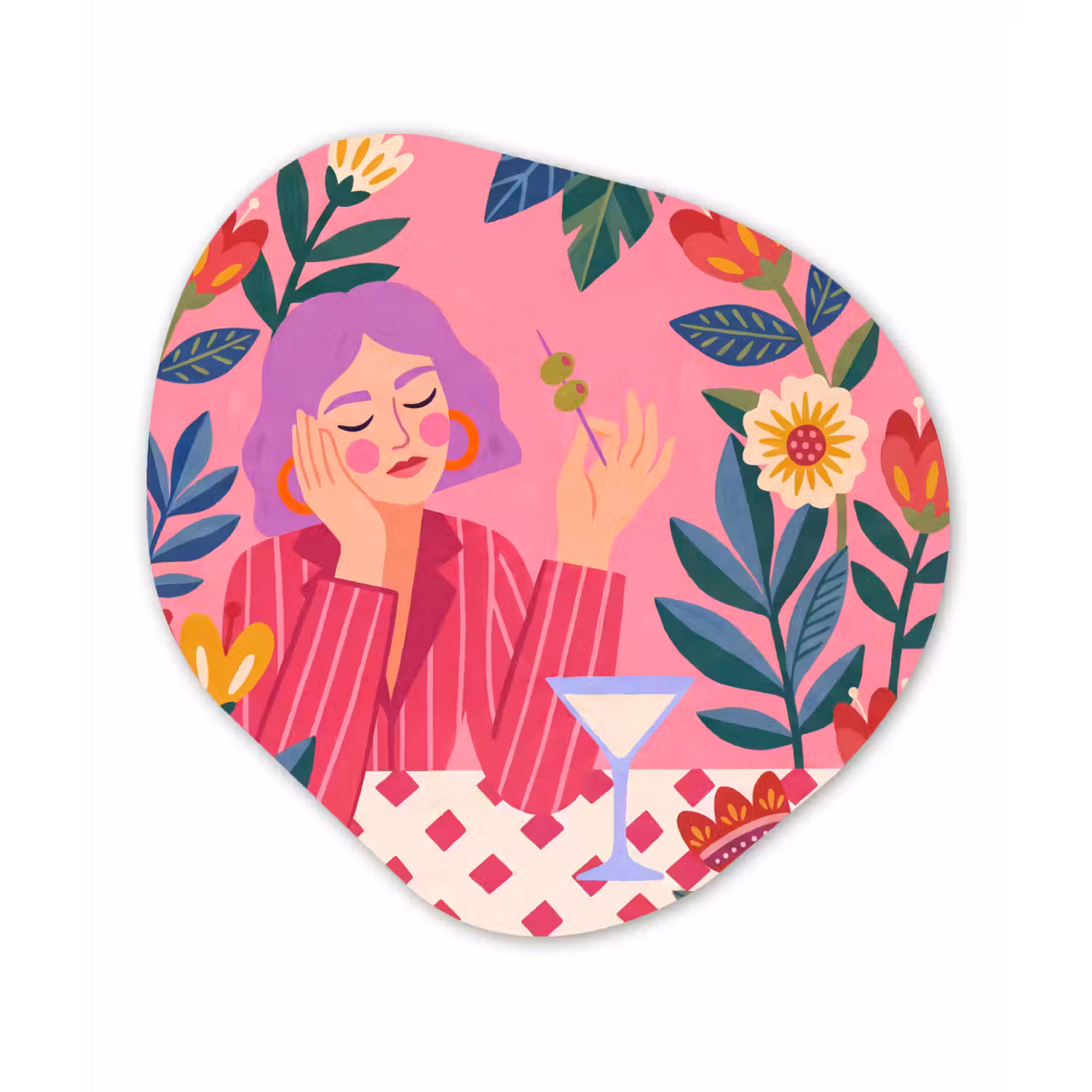 Vrouw - Cocktail - Bloemen - Modern - Roze Wandcirkel Organisch Aluminium middel -3d