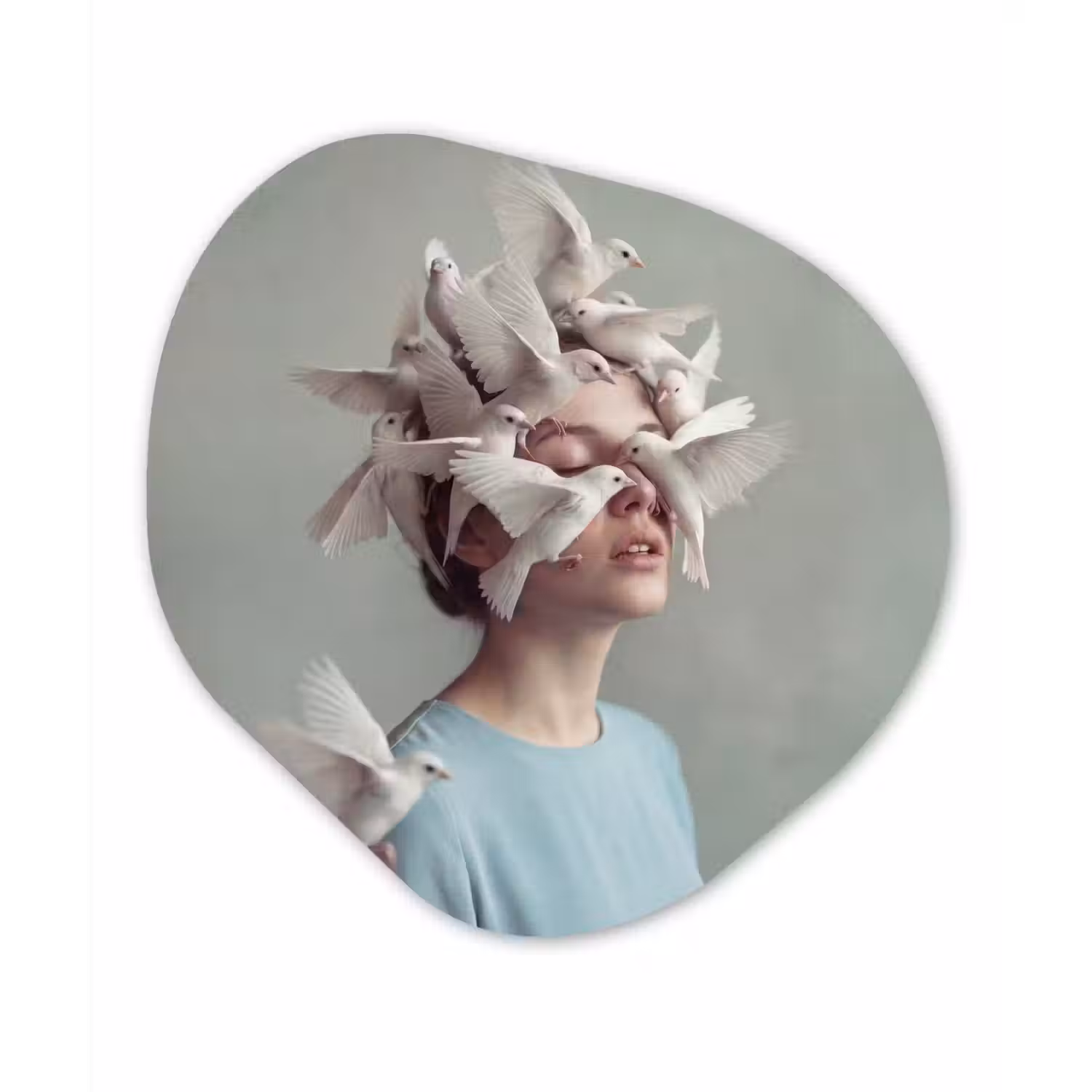 Vrouw - Vogels - Abstract - Modern - Wit Wandcirkel Organisch Aluminium middel -3d
