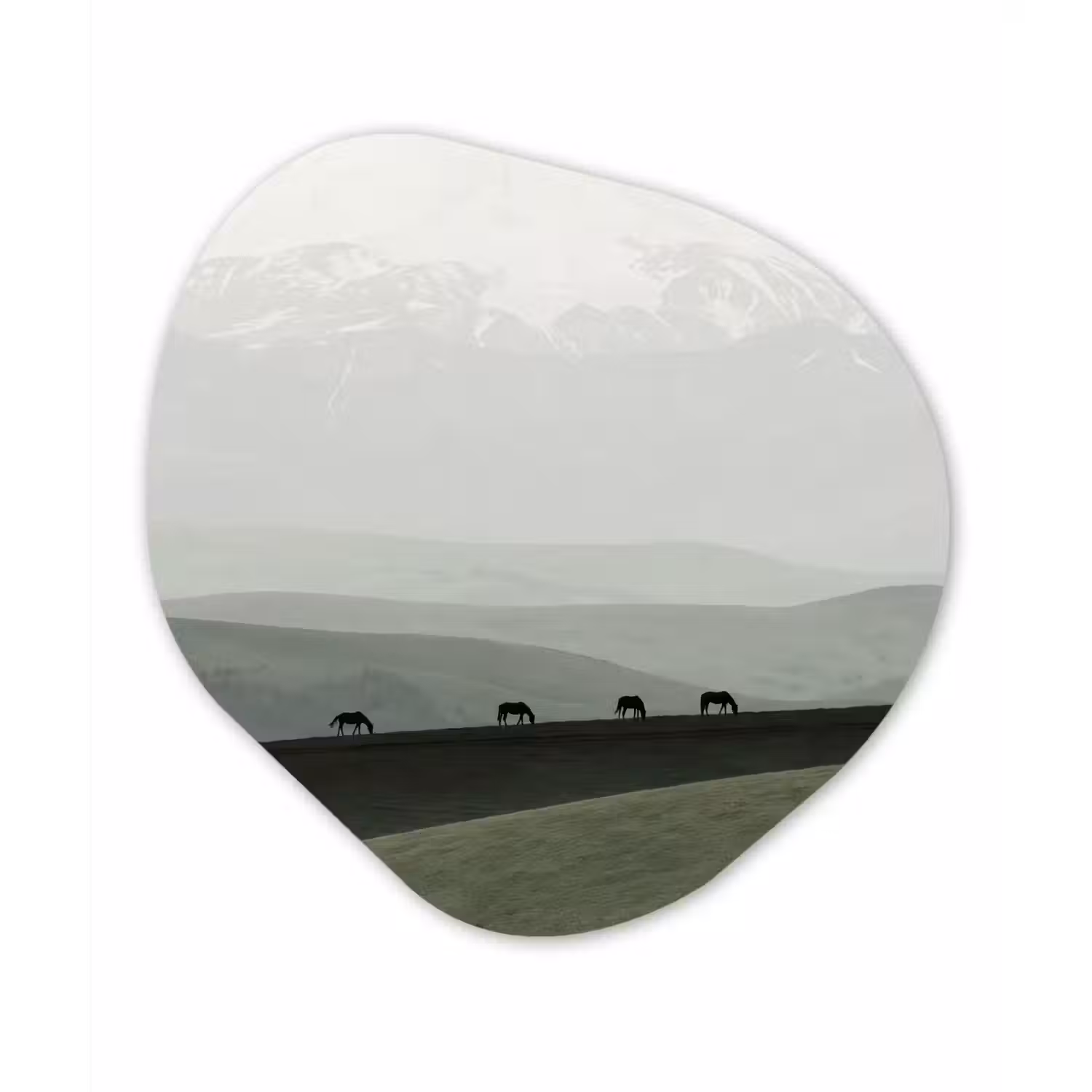 Grijs - Berg - Paarden Wandcirkel Organisch Aluminium middel -3d