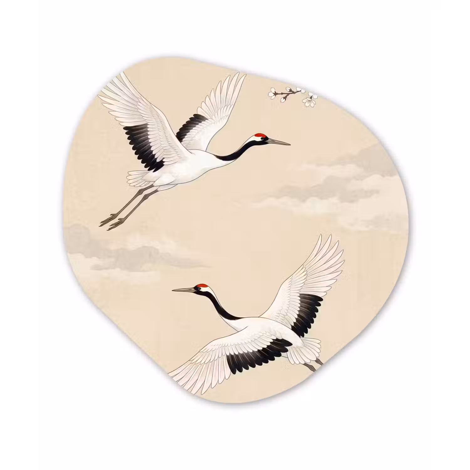 Kraanvogels - Bloesem - Beige Wandcirkel Organisch Aluminium middel -3d
