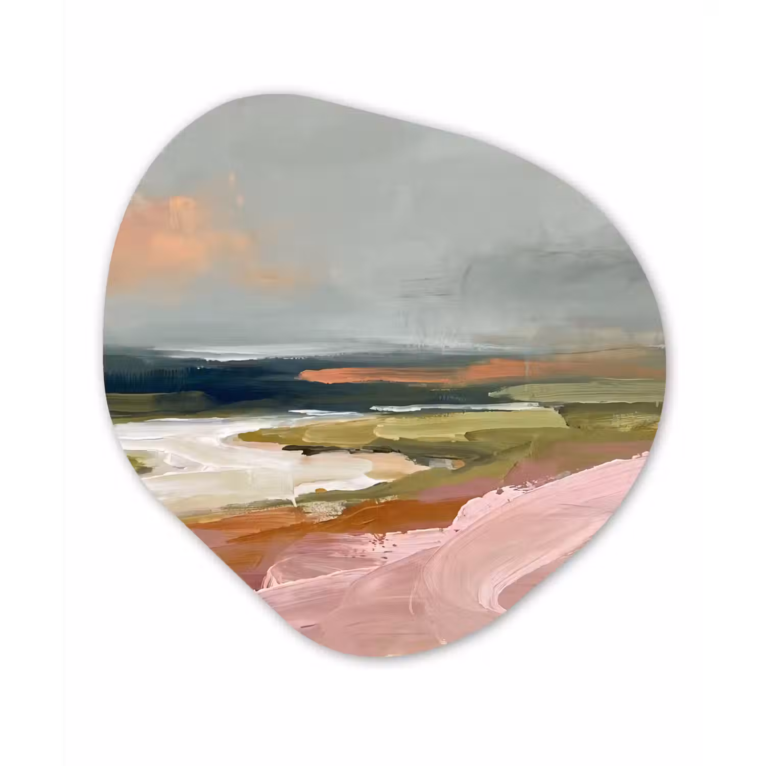 Landschap - Rivier - Abstract - Roze - Groen Wandcirkel Organisch Aluminium middel -3d