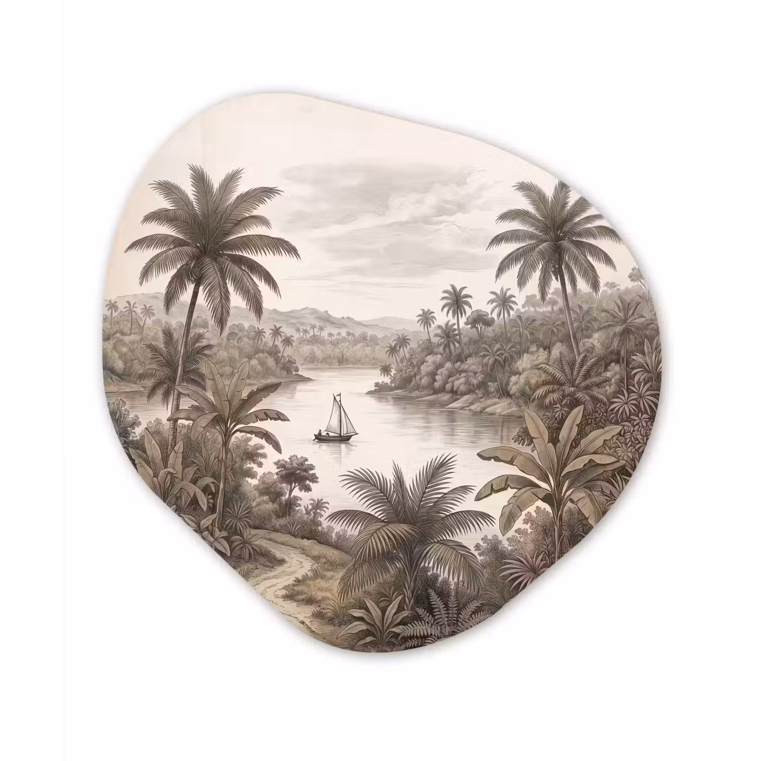 Landschap - Rivier - Boot - Tropisch - Vintage Wandcirkel Organisch Aluminium middel -3d